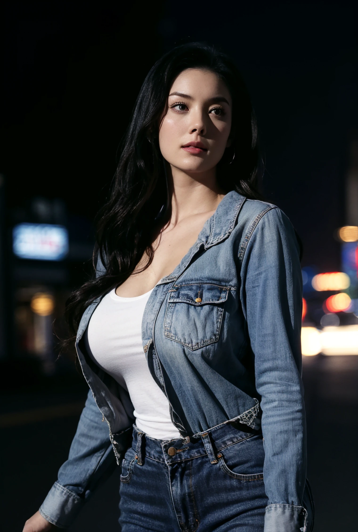 1girl,solo,chinese,long hair,pink hair,red eyes,huge breasts,tank top,looking at viewer,night,neon trim,sky,cityscape,road,simple background,((blurry)),depth of field,portrait,((realistic)),Highly detailed,(ultra-detailed),(best quality,masterpiece:1.5),<lora:dark:0.8>,