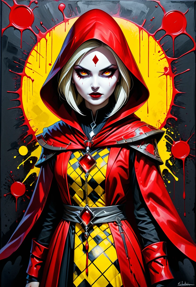 class character concept print, female, Blood Mage, intense, red-robed, blood magic, power from life force, haunting, spray paint, cashmere, popart style, Diffuse Lighting, shades of yellow, checkerboard pattern, paint splatter effect, mixed media accents, op art, porous texture, polished finish <lora:artfully_QUILTEDFANTASY:1>,