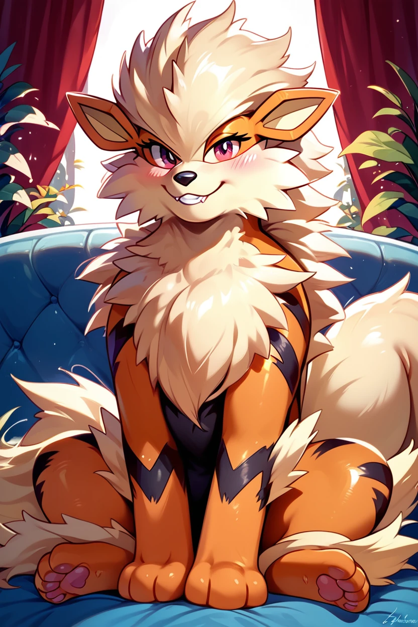 score_9, score_8_up, score_8,   ,,, , ,,,  zzArcanine, no humans, pokemon (creature), <lora:Arcanine_Pokemon_PDXL:0.8>,                                 ,,,, BREAK, ,,, smile, looking at viewer, blush, blurry, couch, sitting, ,,, shiny skin, <lora:ProAnime_PDXL_v1:0.7>, ,,, embedding:zPDXL, Expressiveh, <lora:SDXLFaeTastic2400:0.5>, <lora:Expressive_H-000001:0.4>,