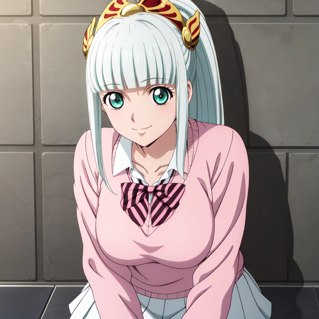 best quality, anime screencap, anime coloring, 1girl, solo, long hair, bangs, hair ornament, green eyes, ponytail, silver hair, sidelocks, blunt bangs, lailah_fethmus, skirt, shirt, long sleeves, bow, school uniform, collarbone, white shirt, pleated skirt, striped, collared shirt, red bowtie, dress shirt, white skirt, striped bow, striped bowtie, (pink sweater:1.3), light smile, closed mouth, leans against a wall, one leg extended, with a playful smile and a confident gaze