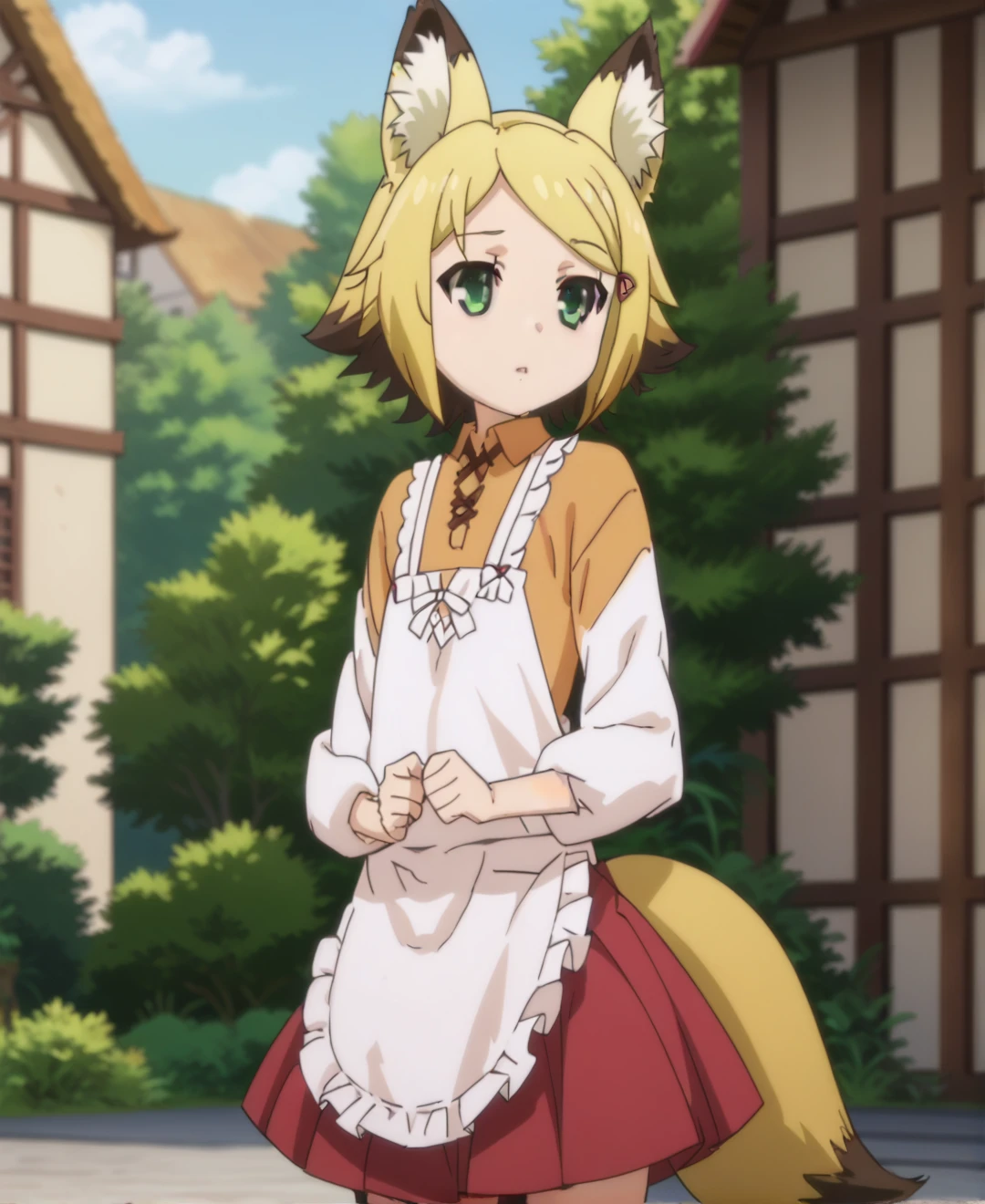 Lili, animal ears, blonde hair, two tails, green eyes, fox ears, fox tail, solo, short hair, animal ear fluff, 1girl, multicolored hair, apron, kappougi, skirt, red skirt, long sleeves, <lora:Lili_problem:1.0>