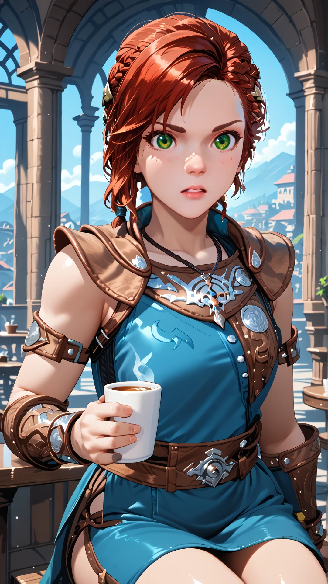 sjsartstyle, 2d, (zPDXL2), cowboy shot, dynamic shot, dynamic angle, webtoon, anime, centered, solo, sitting, (((holding white cup))), surprised, parted lips, 1girl, 1woman, hda, red hair, braided ponytail, green eyes, blue top, necklace, leather armor, bracers, indoors, cafe <lora:sd_xl_dpo_lora_v1:1>, <lora:OMG-Is-DucHaiten_v1.0:0.1>, <lora:sjsartstyle pony:1>, <lora:Hilda_Asterigos_Pony_XL:0.8>