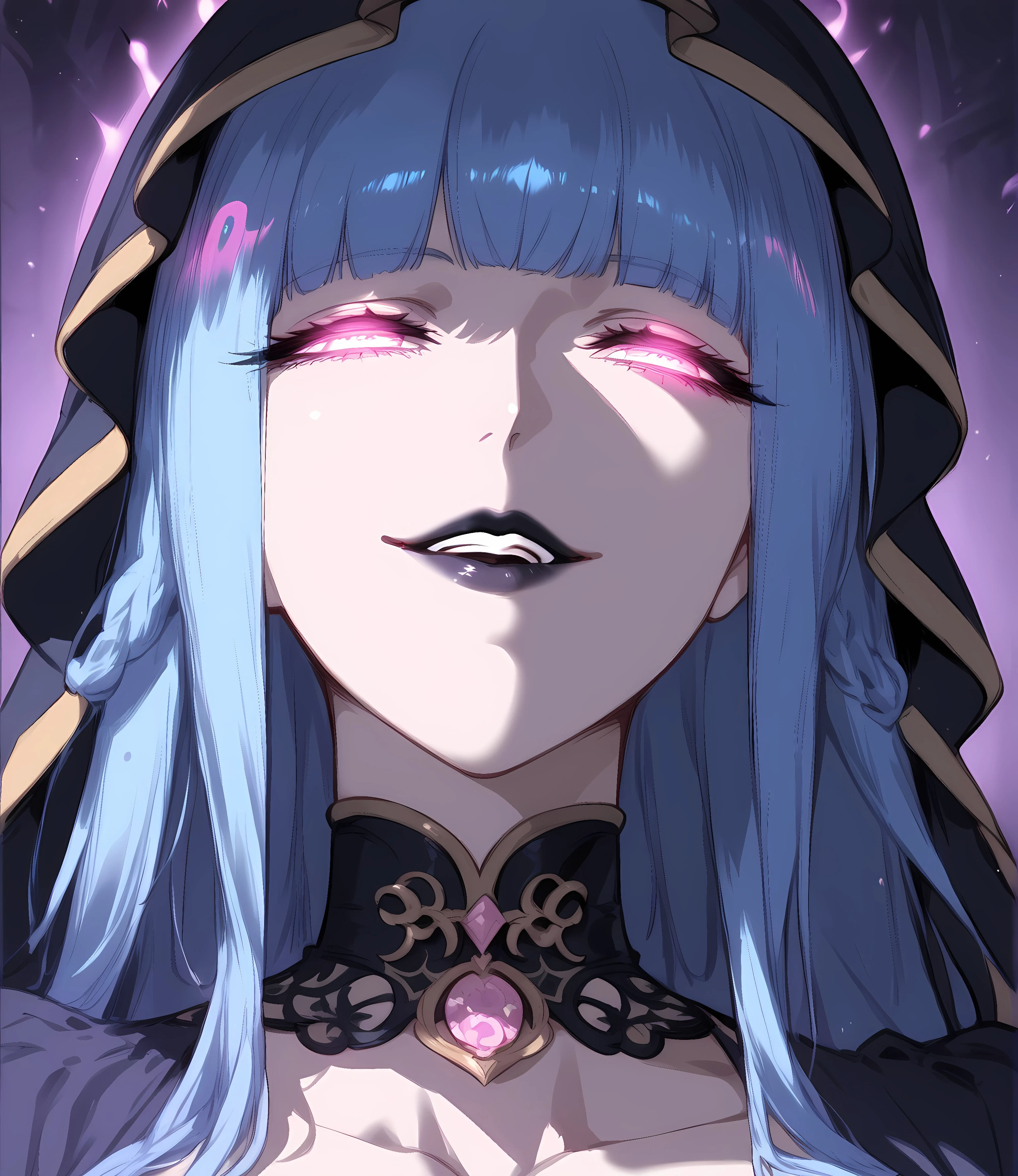 rating_all, score_10, score_9_up, score_8_up, score_7_up, source_anime, sharp focus, official art, slowmo, absurdres, depth of field, complex background, ultra detailed, 1girl, solo, lamashtu, pink eyes, blue hair, blunt bangs, long hair, makeup, black lipstick, lamashtu dress, hood, parted lips, wide smile, yandere, yandere trance, half-closed eyes, glowing eyes, charisma, pure evil, evil, Expressiveh, 4k, 8k, 16k, highly detailed, high res, shiny skin, dark theme, purple theme, luxury vampire castle, bokeh,
