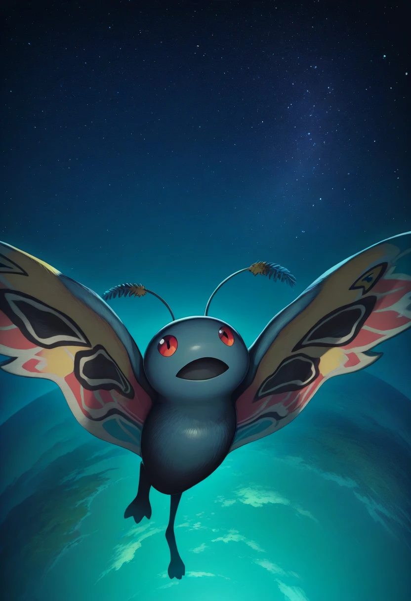 masterpiece, best quality, solo, , <lora:Mothman-illus_Fp:1>, mothman, pokemon \(creature\), no humans, wings, open mouth, flying, sky, night, from above, spread wings, starry sky,