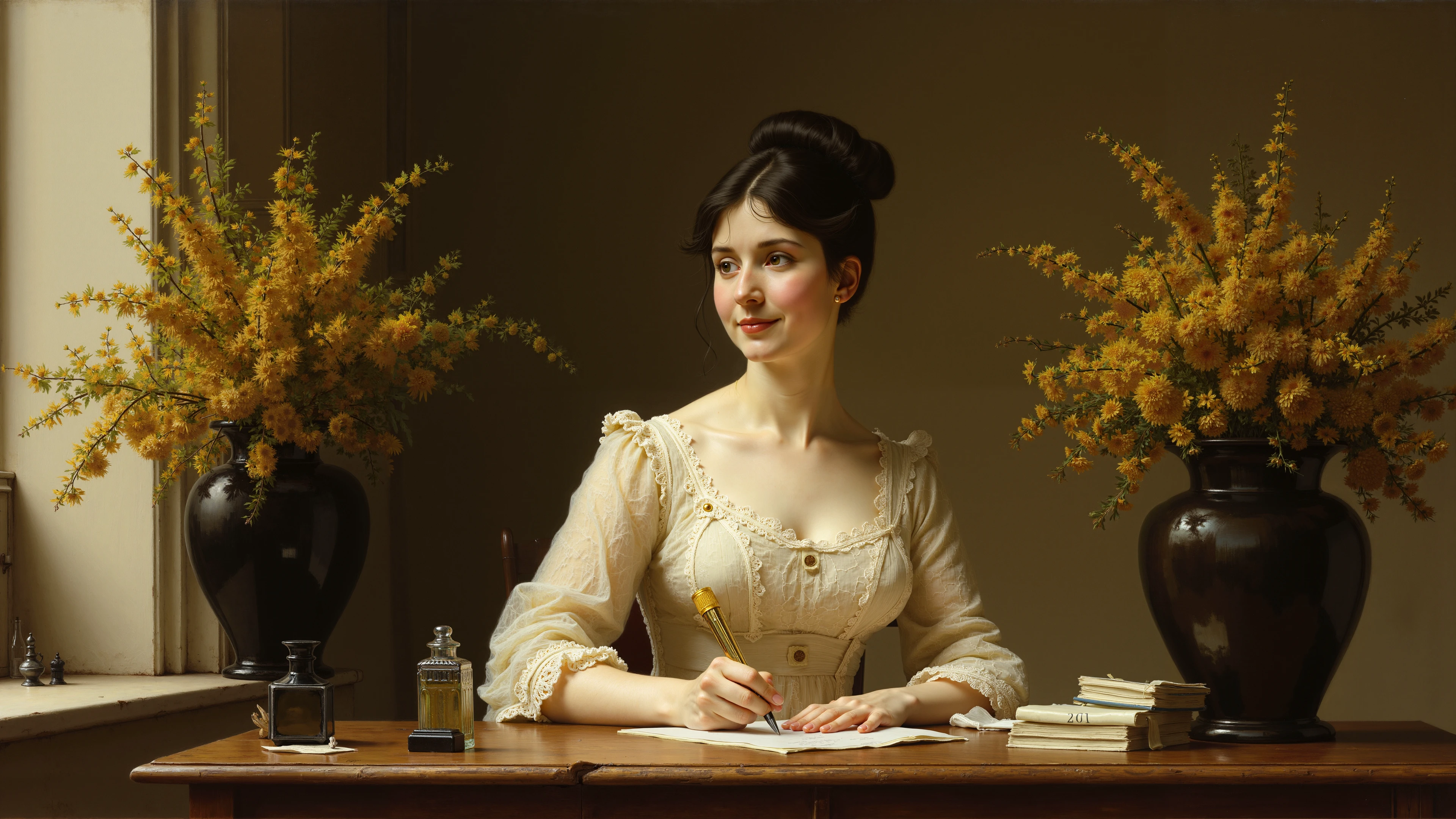 Painting in warm, muted colors in the style of Albert Bierstadt, depicting a woman sitting at an antique wooden table writing a letter. She is dressed in a light, vintage-style lace dress with fine, detailed patterns on the collar and sleeves. Her dark hair is gathered into a graceful bun, and her face expresses soft thoughtfulness and a slight smile. On the table in front of her are an inkwell, a glass bottle and some neatly stacked papers, creating an atmosphere of solitude and creativity. In the background is a large dark vase with a lush bouquet of yellow flowers to complement the warm color scheme. Light gently pours in from the window, creating a contrast between dark and light areas, as in the picturesque landscapes of Bierstadt, giving the image a deep sense of coziness and tranquility