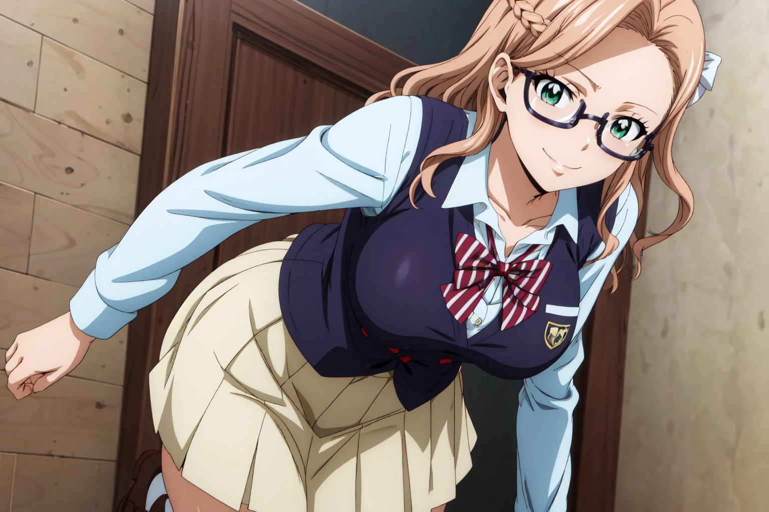 best quality, anime screencap, 1girl, solo, long hair, breasts, green eyes, glasses, french braid, anime coloring, light brown hair, karameel_v1, breasts, skirt, shirt, long sleeves, bow, school uniform, collarbone, white shirt, pleated skirt, striped, collared shirt, red bowtie, dress shirt, white skirt, striped bow, striped bowtie, brown vest, looking at viewer, smile, standing, on one leg, adult women, mature women