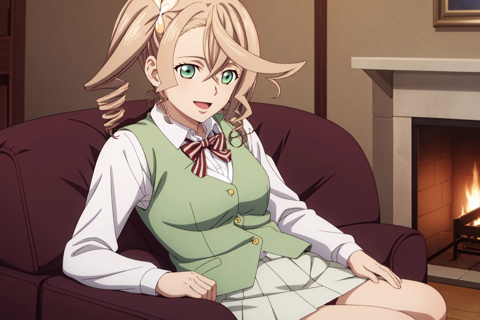 best quality, anime screencap, anime coloring, 1girl, solo, short hair, almond blonde hair, hair ornament, green eyes, side ponytail, drill hair, alisha_diphda, skirt, shirt, long sleeves, bow, school uniform, collarbone, white shirt, pleated skirt, striped, collared shirt, red bowtie, dress shirt, white skirt, striped bow, striped bowtie, (green vest:1.3), mature women, Seated on a velvet chaise lounge by a crackling fireplace, she embraces the warmth and coziness of the moment, smile, open mouth