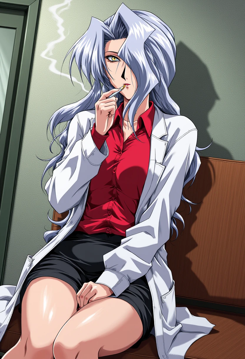 A detailed solo portrait of  midou emiko
Anime style, sharp, high contrast and highly detailed.,, 
<lora:innai_kansen_midou_emiko_flux_v2_4-000006:1>,
She is is wearing a white lab coat over a red top and a black pencil skirt. She is sitting casually with a cigarette in her mouth, exuding a carefree and somewhat defiant vibe. Her facial expression, combined with her outfit and the cigarette smoke, gives the impression of someone who is tough, independent, and unapologetically bold.