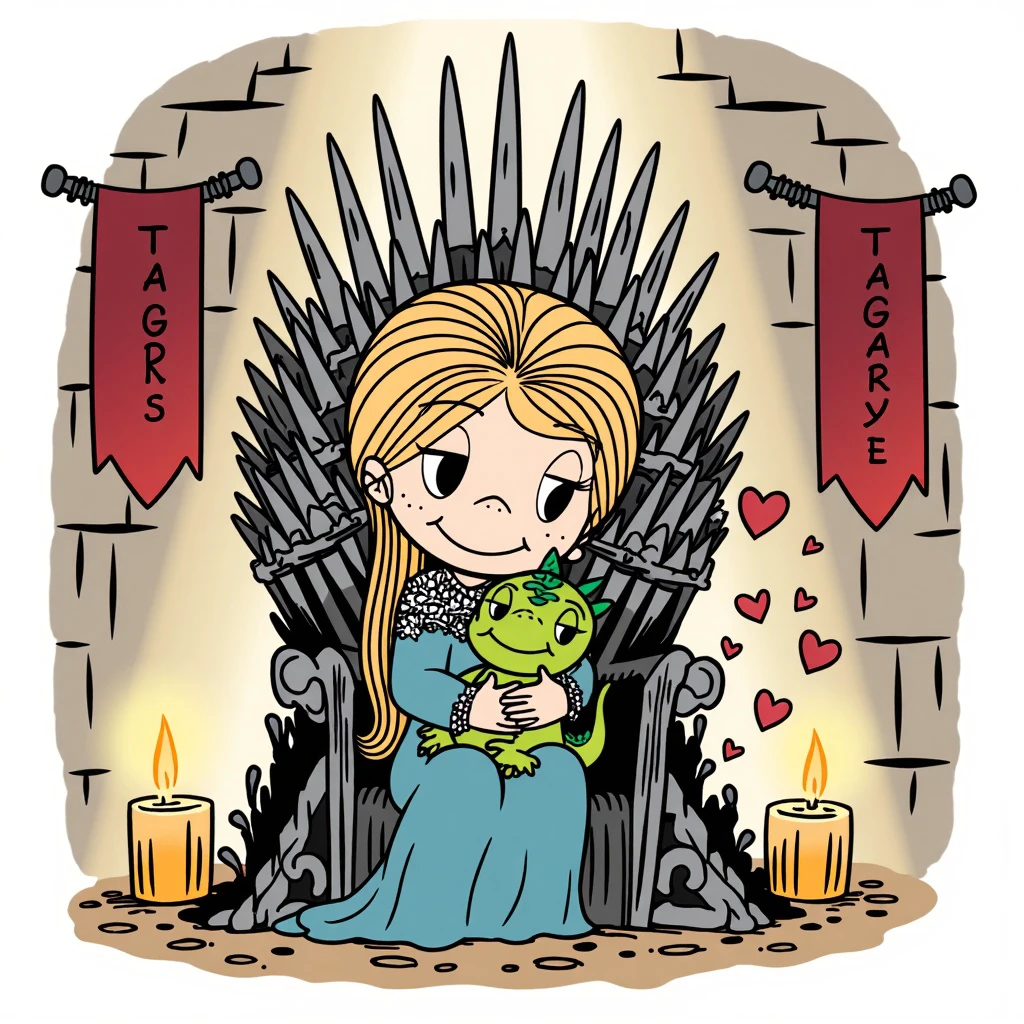 love1s. A cute cartoon illustration showing a girl with long silver-blonde hair wearing a blue dress with silver details, sitting on an imposing Iron Throne made of swords. She's lovingly hugging a small, adorable baby dragon with green scales cuddled in her lap. The dragon is playfully puffing small smoke hearts. The throne room has stone walls with hanging Targaryen banners and scattered candles creating a warm atmosphere, all surrounded by white space. The characters are drawn in the classic 'Love is' simple style with large eyes and sweet expressions