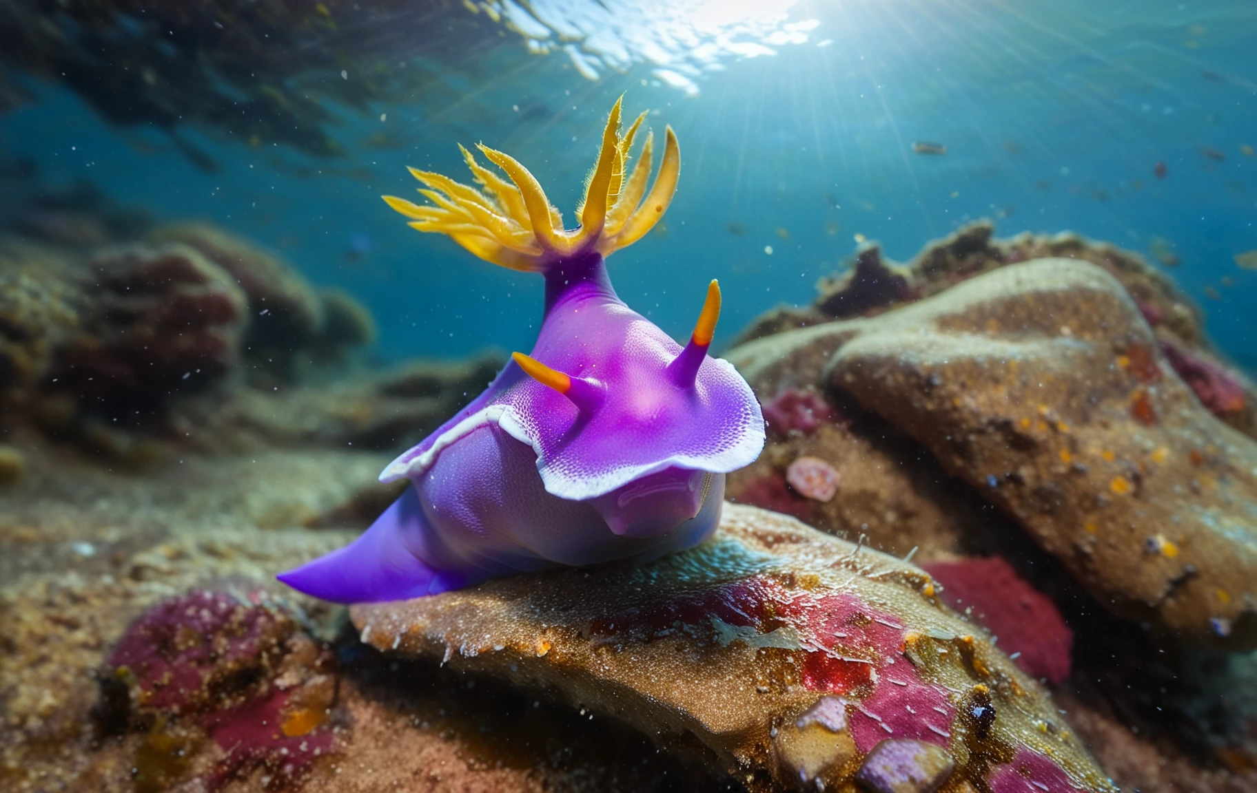 underwater close up from the front of a hypselodoris apolegma on a rock, marl, looking at viewer, head up, water surface, light particles,
BREAK
intricate detail, vibrant colors