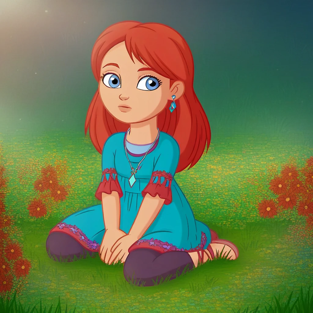 score_9, solo, kate_df, 1girl, long hair, red hair, blue eyes, necklace, earrings, dress, leggings, sitting, grass, flowers, natural lighting