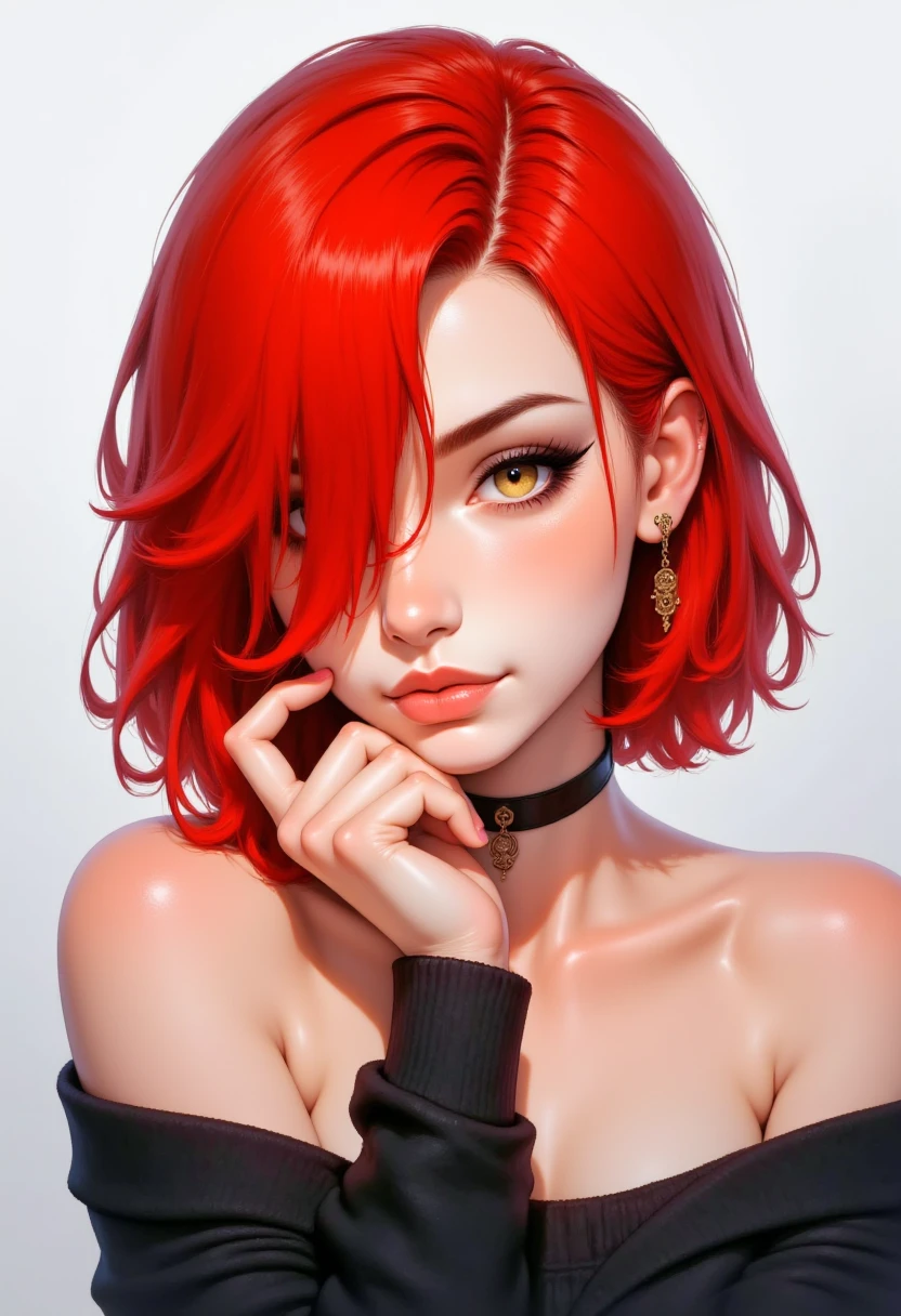 A highly detailed digital illustration in realistic anime style of a young woman with striking features. She has vibrant, wavy red hair that falls just past her shoulders, with a few strands framing her face. Her skin is fair with a smooth texture and a subtle blush on her cheeks. Her large, almond-shaped eyes are a striking yellow, accentuated with thick, black eyeliner and long, voluminous lashes. She has a delicate, slightly upturned nose and full, pouty lips painted in a natural pink shade. She is wearing a black off-the-shoulder top that reveals her collarbone and the upper part of her chest, suggesting a slender physique. Around her neck, she has a black choker with a circular pendant, adding a touch of edginess to her appearance. Her left hand is gently touching her face, with a relaxed and slightly melancholic expression. The background is a soft gradient of light gray to white, which helps to focus attention on the subject. The lighting is soft and even, highlighting her features and giving a smooth, almost glossy texture to her skin. The overall style is highly realistic with a focus on hyperrealistic details, typical of contemporary digital art.