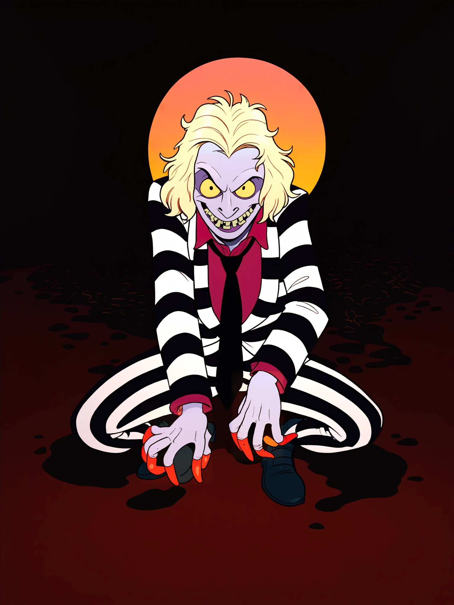 <lora:incase-ilff-v3-4:1>, source_cartoon, score_9, score_8_up, score_7_up, score_6_up, hell, horror \(theme\), full body,
 <lora:Beetlejuice_Animated:0.6> beetlejuice, 1boy, solo, grey skin, yellow eyes, teeth, blonde hair, striped suit, necktie, looking at viewer