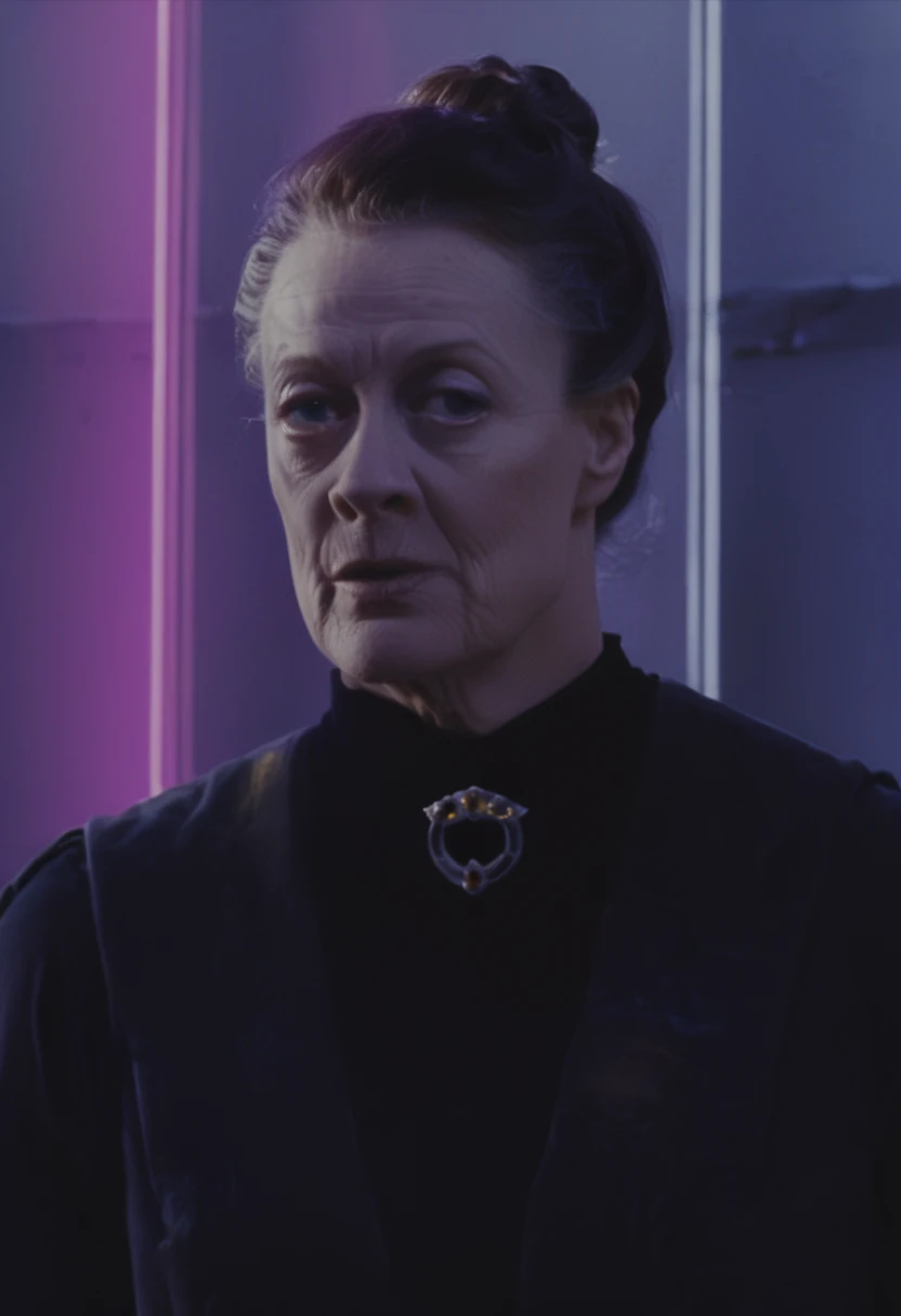 Minerva McGonagall wearing Nike Balenciaga and Dior clothing, cyberpunk background, hair bun, bright, colorful, vivid,