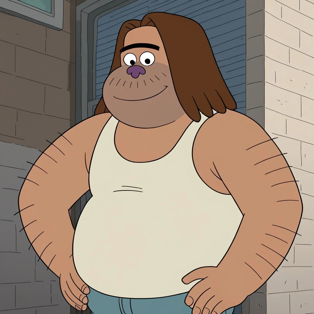 1boy, solo, backlight, detail background, marked lines, male, cartoon style, 2d, masculine, brown skin, body hair on arms and legs, long brown hair, purple nose, round eyes, black eyes, broad shoulders, fat, overweight, plump, thick eyebrows, stubble on chin, cream colored tank top, light blue denim shorts, brown sandals, 5 fingers, big mouth, Expressiveh, dof, alley, at day, hands on waist, looking at viewer, outside, standing, seductive expression, smile, closed mouth, upper body, close up