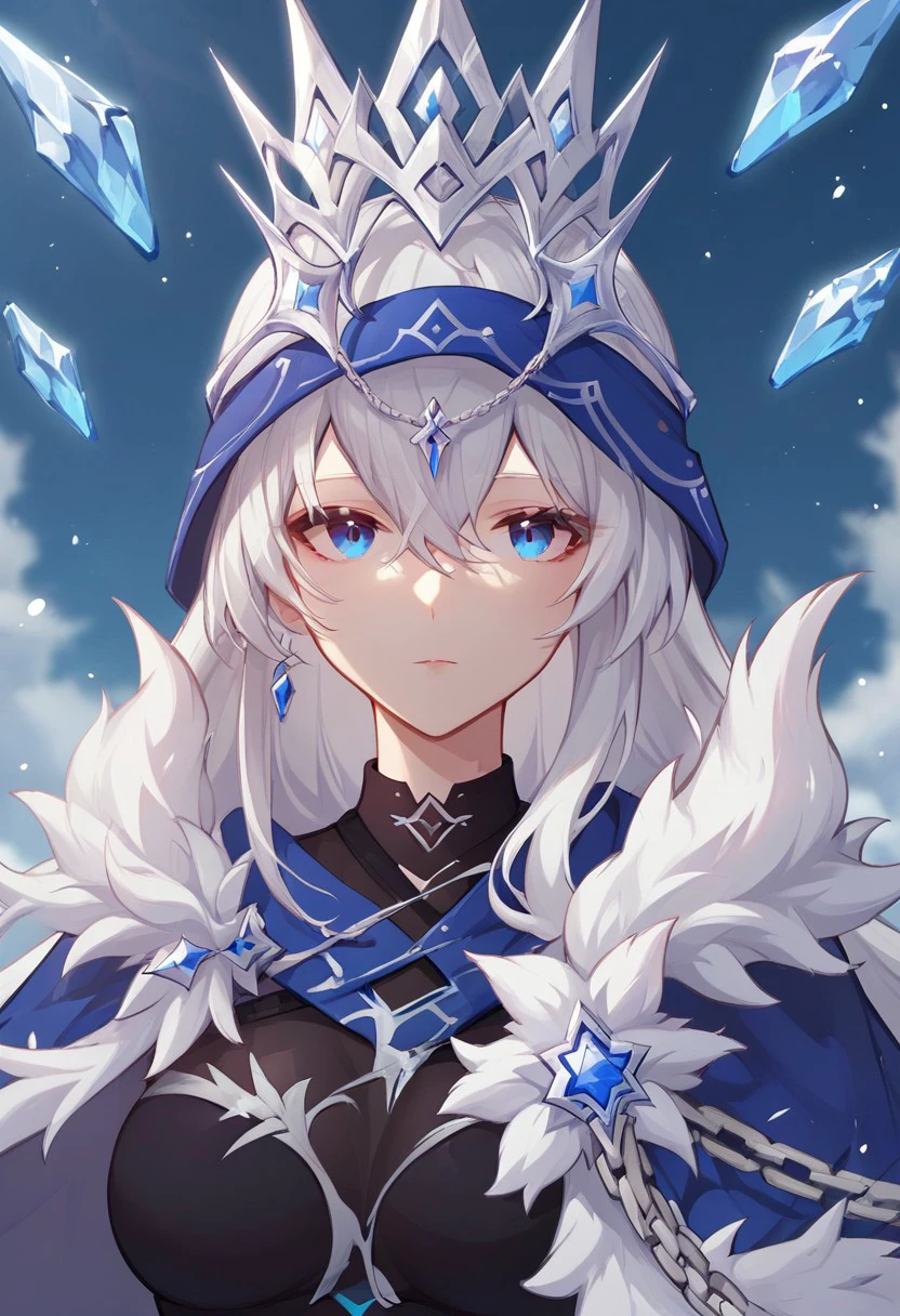 score_9,score_8_up,score_7_up,Expressiveh, herrscher_of_ice, 1girl, solo, white hair, long hair, breasts, blue eyes, bangs, hair between eyes, 
fur trim, cloak, cape, fur-trimmed cape, crown, chain, high heels, looking at viewer, mouth closed, upper body, close up,