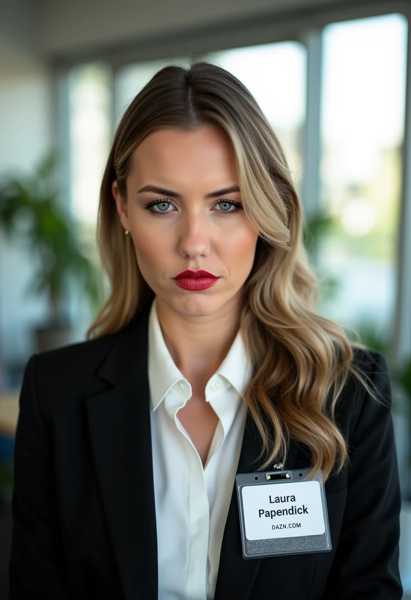 A portrait photo of laurapapendick, a woman. She is looking straight at the viewer with an angry expression on her face. She is wearing red lipstick. Her eyebrows are drawn down. She is frowning. Her mouth is closed shut. Her lips are pressed together. She is wearing a professional white shirt and a black business suit. A simple ID badge with black bold text name "Laura Papendick" and smaller title "DAZN.COM" is pinned to the suit jacket. The background is blurry and shows a modern office with house plants. Sunlight is shining through large windows.