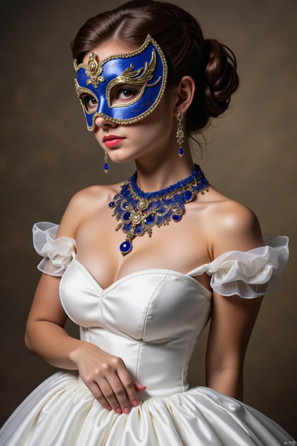 Masked ball,a woman dressed in a white strapless dress,adorned with a blue and gold mask and a blue necklace. Her hair is pulled back in a ponytail