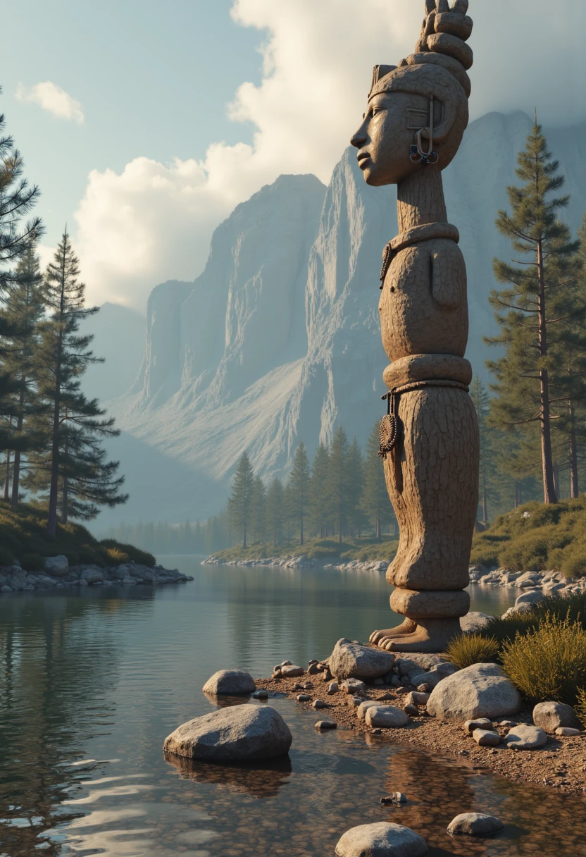 tribal style image of a tall tower made for meditations sitting on the shore in front of a mountain lake with stones and pine trees along it and a clear, and sky filled horizon, along it, ,Ancestor_Statue, <lora:Ancestor_Statue:1>, cinematic lighting, glossy paper, iso150,  35mm, score_9, score_8_up, score_7_up,  intricate details, Hyperrealism style, 3d, concept-art, dreaminess, psychedelic, shallow-depth-of-field, cinematic lighting, soft bokeh, very beautiful composition, Unreal, real-time 3D, Epic Games style, Unreal Engine style, 3d-rendering, vibrant contrast  depth and shadow enhanced using (Gaussian blur) for a soft background focus, (sharpen filter) applied, (color grading) to enhance contrast between warm and cool tones, (noise reduction) for a smooth, clean finish, (HDR toning) used for extra depth and detail, highly detailed dreamy background detailed skin texture, subsurface scattering award-winning, professional, highly detailed . dreamlike, mysterious, provocative, symbolic, intricate, detailed, hyper-detailed, masterpiece, award winning, midjourneyv6.1