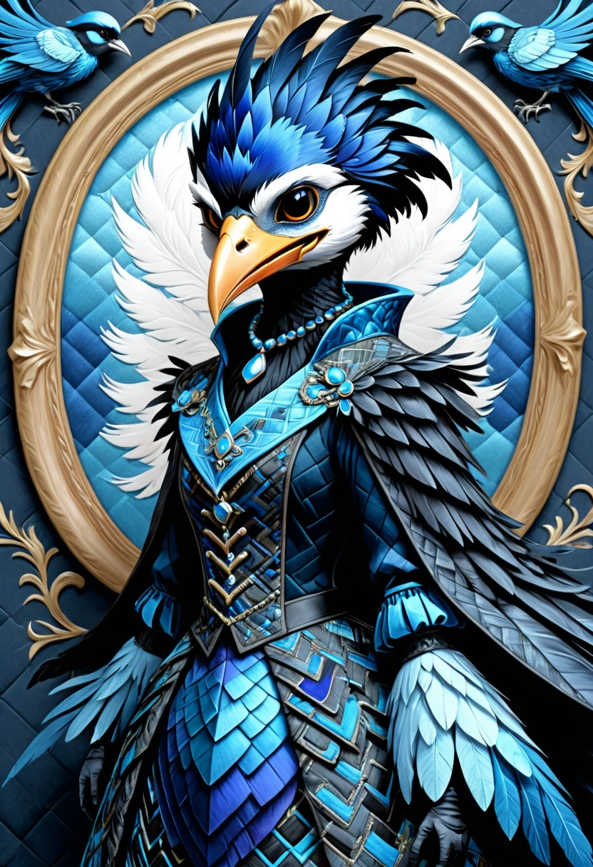 race character concept print, female, Kenku, bird-like, black feathers, beak, mimicry abilities, sly, sharp-witted, digital paint, tweed, rococo style, Chiseled, shades of blue, zigzag pattern, middleground effect, embroidery accents, fractal, satin texture, iridescent finish <lora:artfully_QUILTEDFANTASY:1>,