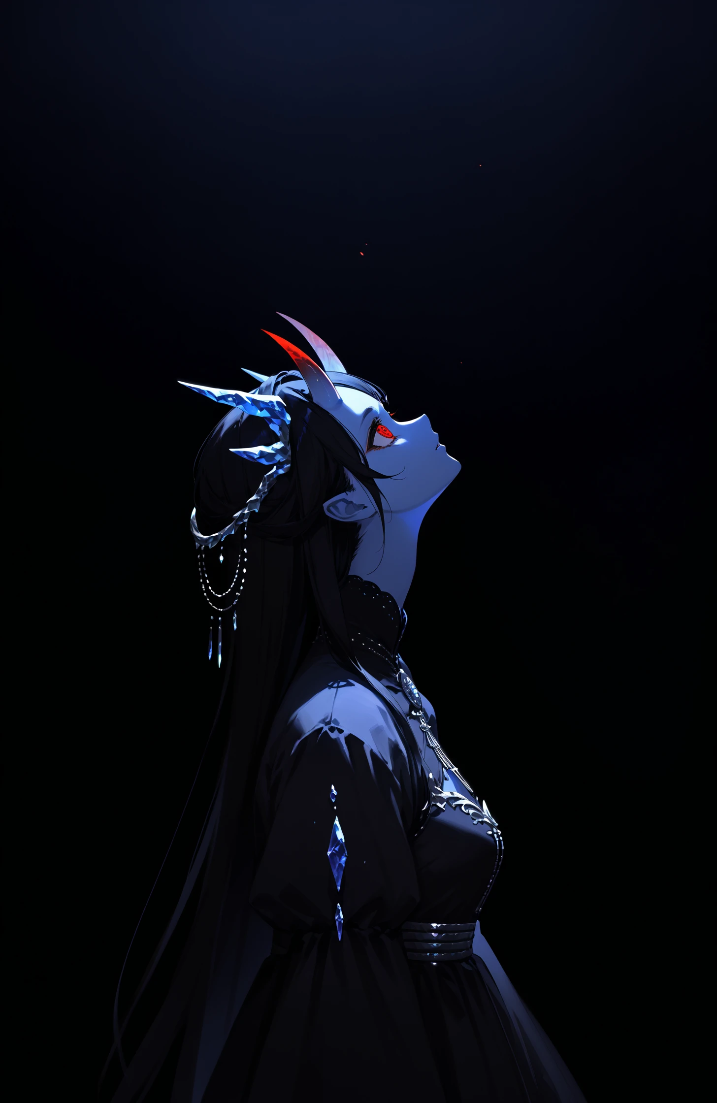 score_9, score_8_up, score_7_up, score_6_up, 1girl, blue skin, red eyes, glowing eyes, oni horns, glowing horns, blue horns, black hair, arched back, looking up, from side, arms at sides, majestic dress, ice trim, <lora:dark_v1.9-pony:1.2> dark theme, dim lighting, black theme, dark background, dark room, black background