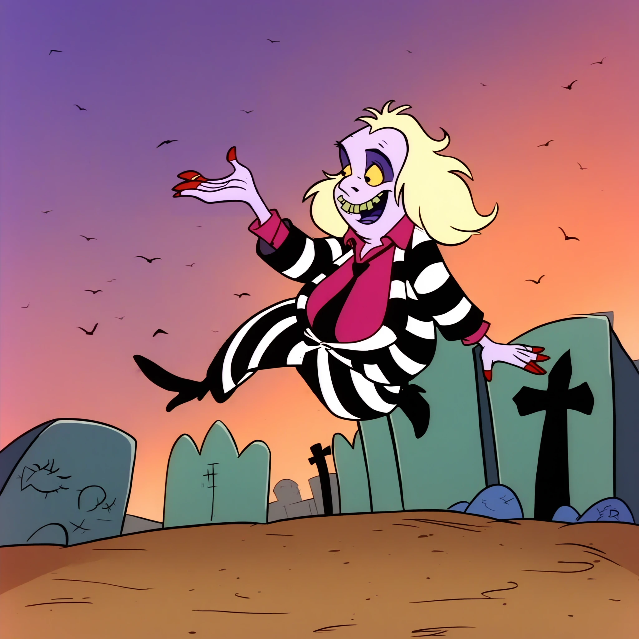 score_9, score_8_up, score_7_up, score_6_up, graveyard, 
 <lora:Beetlejuice_Animated:1> beetlejuice, 1boy, solo, grey skin, yellow eyes, teeth, blonde hair, striped suit, red shirt, necktie, floating, on side