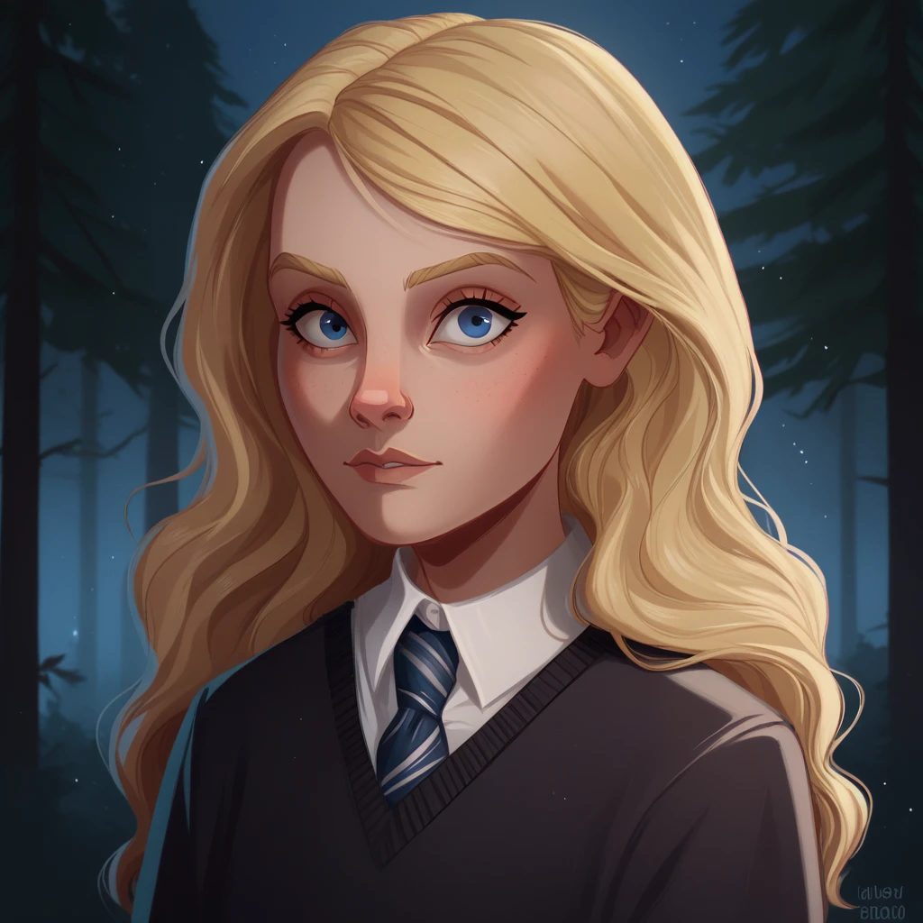 score_9, score_8_up, BREAK, LunaLovegood, 1girl, solo, blonde hair, long hair, blue eyes, necktie, white shirt, black sweater, school uniform, hogwarts school uniform, upper body,  <lora:LunaLovegood_PXL_Leaf2:1>, looking at viewer, forest, night,