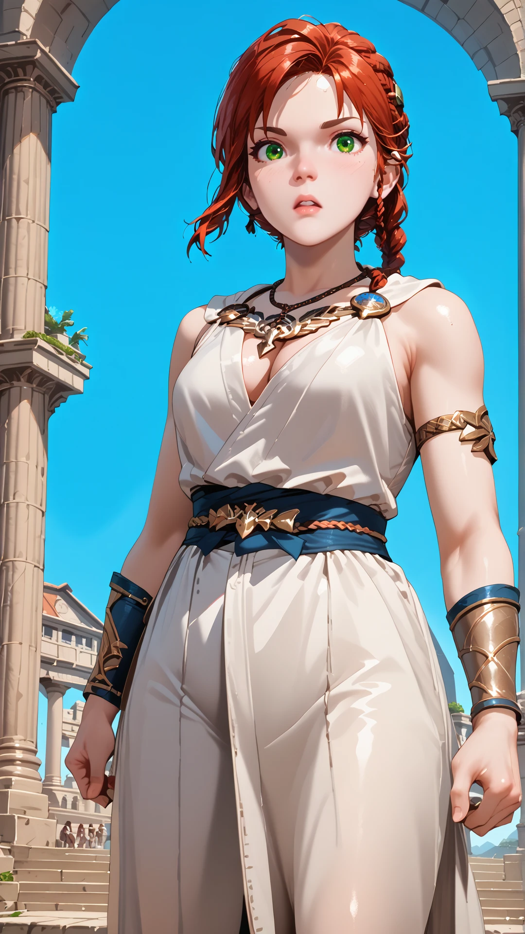 sjsartstyle, 2d, (zPDXL2), cowboy shot, dynamic shot, dynamic angle, webtoon, anime, centered, solo, white toga, greek toga, surprised, cleavage, 1girl, 1woman, hda, red hair, braided ponytail, green eyes, necklace, covered legs, outdoors, <lora:sd_xl_dpo_lora_v1:1>, <lora:OMG-Is-DucHaiten_v1.0:0.1>, <lora:sjsartstyle pony:1>, <lora:Hilda_Asterigos_Pony_XL:0.8>