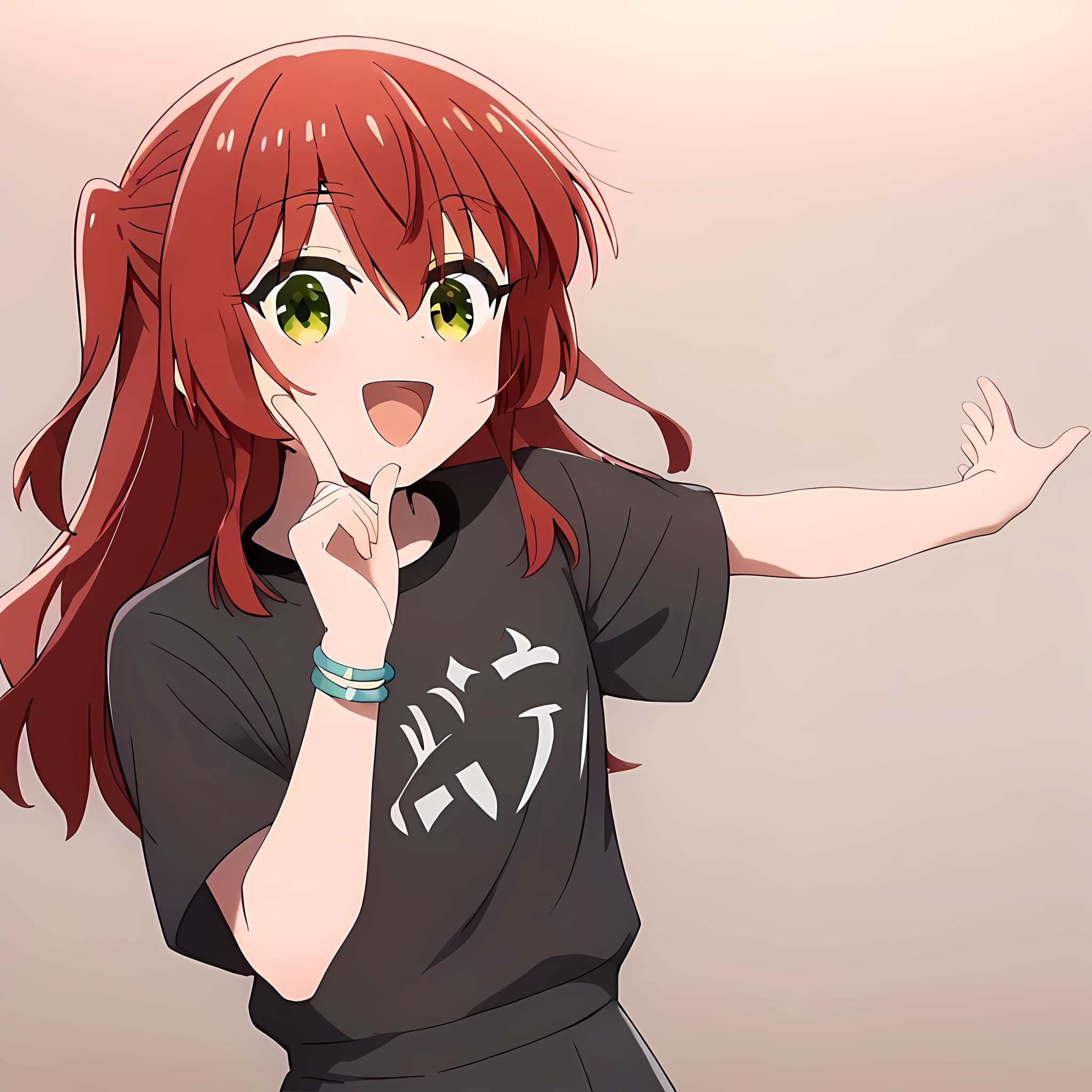 score_9, score_8_up, score_7_up, 1girl, solo, ikuyo kita, green eyes, hair between eyes, long hair, one side up, red hair, black skirt, black shirt, t-shirt, skirt, merchandise, bracelet, smile, doodle dance, pointing