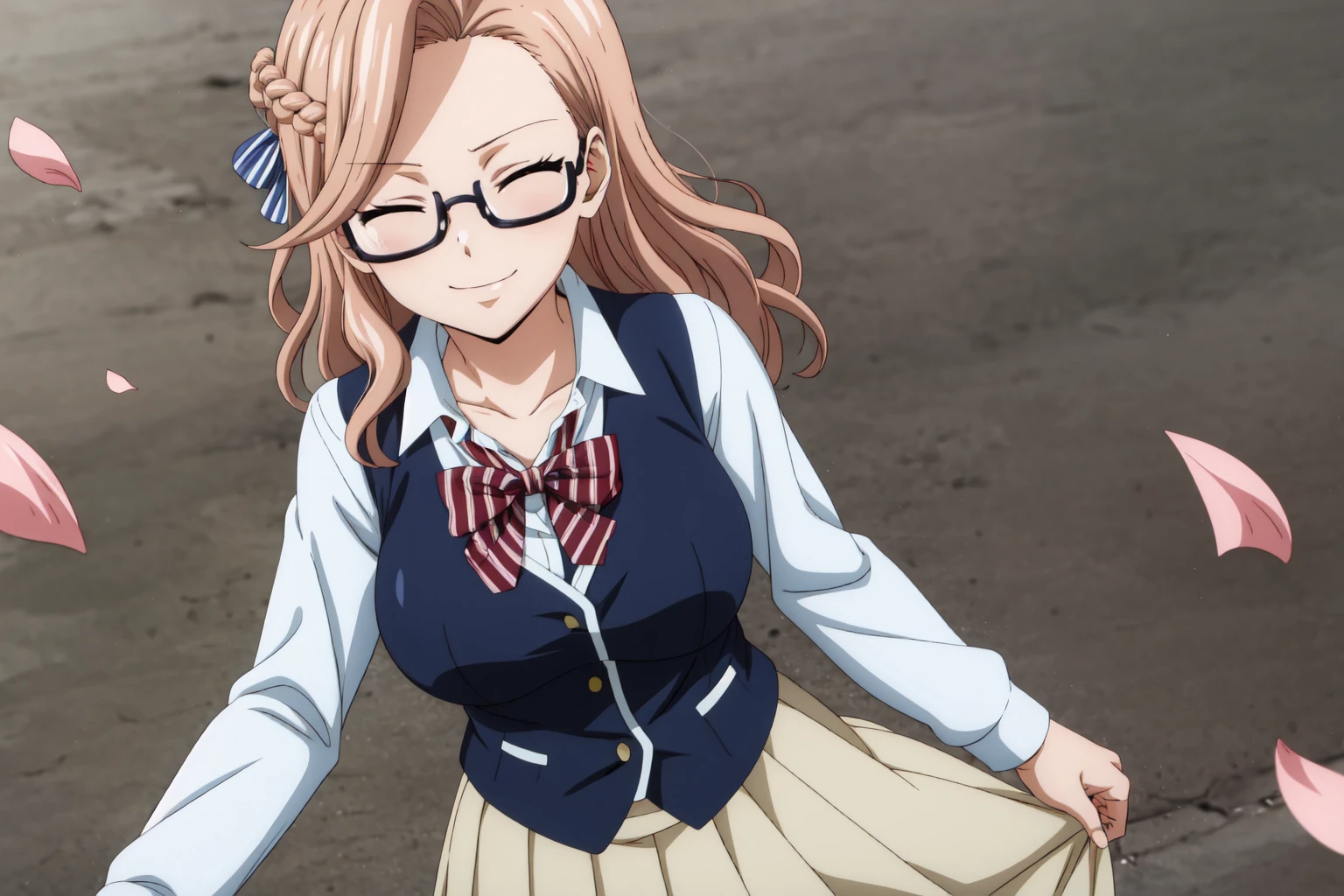 best quality, anime screencap, 1girl, solo, long hair, breasts, green eyes, glasses, french braid, anime coloring, light brown hair, karameel_v1, breasts, skirt, shirt, long sleeves, bow, school uniform, collarbone, white shirt, pleated skirt, striped, collared shirt, red bowtie, dress shirt, white skirt, striped bow, striped bowtie, brown vest, looking at viewer, smile, breeze hair, enjoying the breeze, flower petals, closed eyes, outdoor, adult women, mature women, inhale