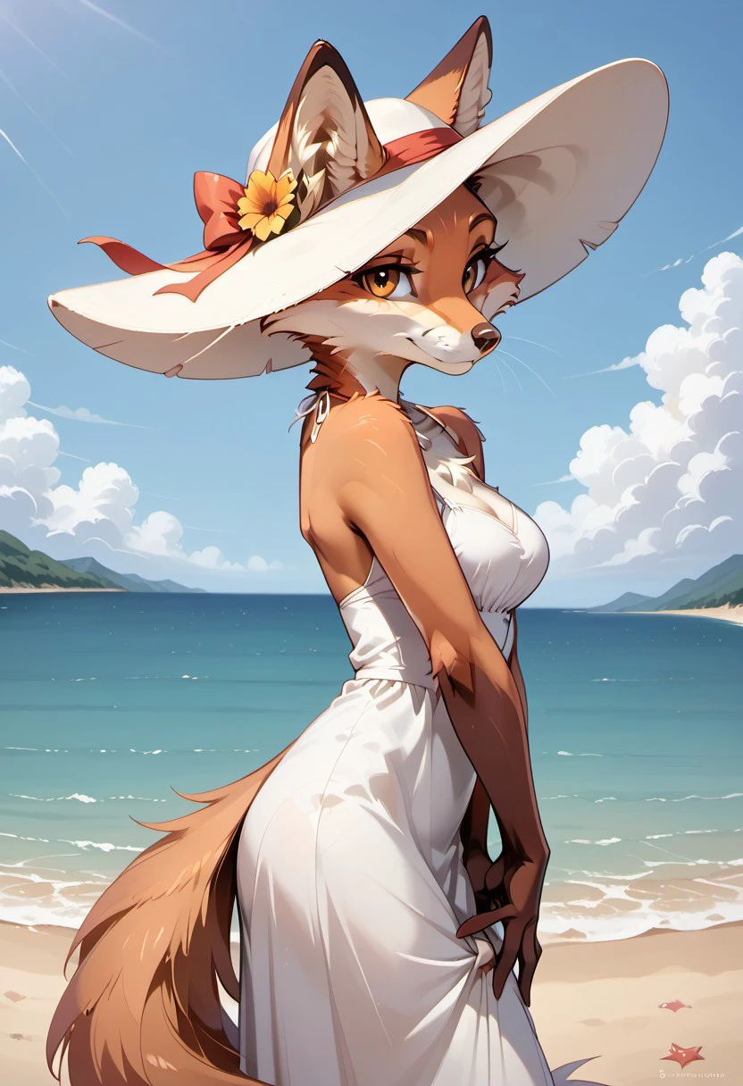 score_9, score_8_up, score_7_up, highres, high quality, perfection, masterpiece, #
###
1girl, (solo: 2.0), side view, cowboy shot,#
###
Lyssa, fox girl, (anthro fox girl: 1.2), white sundress, white sun hat,
###
standing, looking at viewer, smiling, #
###
outdoors, day, beach,