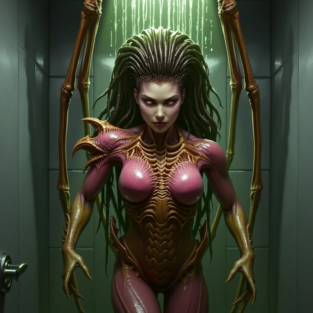 The image is a highly detailed, erotic artwork in a romantic style. The central woman is a humanoid, demonic creature with an ethereal, otherworldly appearance. she has a muscular, athletic female naked body with a radiant, glowing skin that shifts between shades of pink, red, and gold, her nipples are golden giving it a luminescent, almost fiery quality. She is taking ashower in a grey bathroom at night. The water from above is slimy and has a green colour, and slimy water drops on her body. She has a wet slimy skin from the slimy green water.,