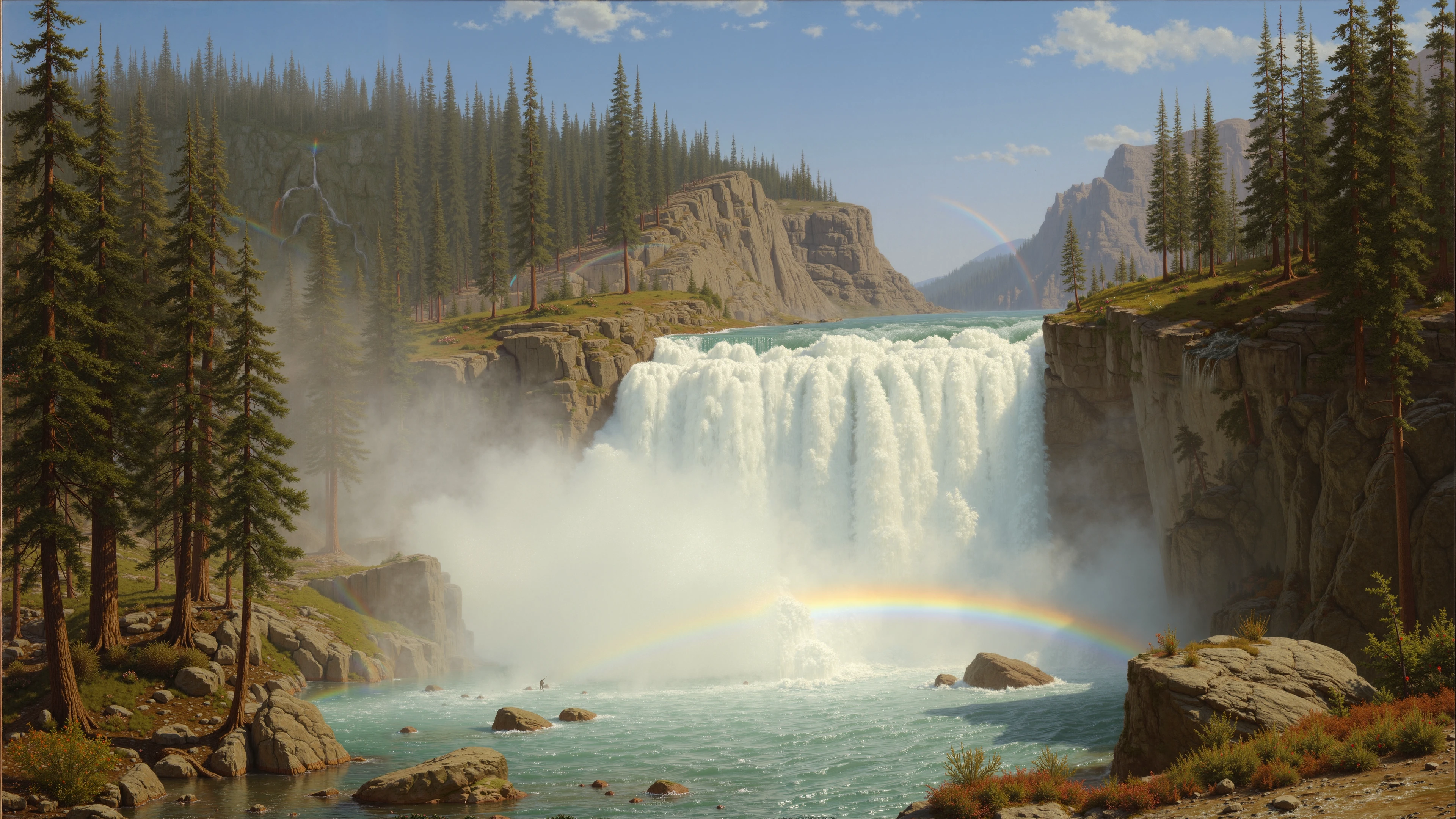 A tall waterfall tumbling down a steep cliff in a misty valley, rendered in Albert Bierstadt's realistic style. The water sparkles under the bright sun, creating a prismatic rainbow in the mist at the base of the waterfall. Surrounding the waterfall are tall, exquisitely detailed pine trees, moss-covered rocks, and shrubs with small flowers. Every tree, rock, and drop of water looks drawn to the finest detail, conveying the power and majesty of nature