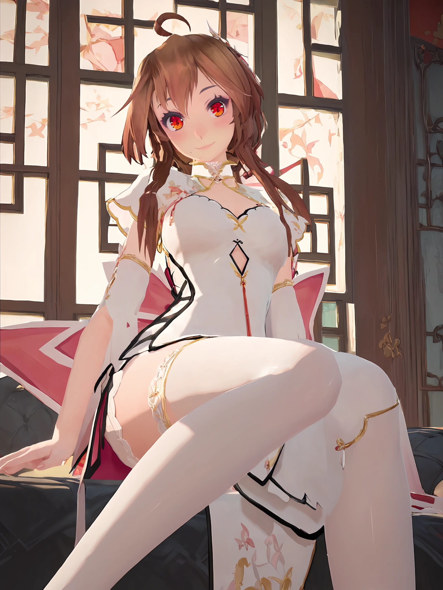 score_9, score_8_up, score_7_up,
masterpiece, best quality,highres, absurdres, very authentic,3d,
HDA_MasterpieceXL_v.1,
1girl, solo,<lora:YueZhengLing_FangZhou:1>, YueZhengLing, red eyes, brown hair, ahoge, long hair,bangs, hair ornament, 
chinese clothes, dress,long sleeves glove,
white thighhighs,
sitting,
smile, blush,
bedroom,
looking at viewer,
<lora:add-detail-xl:1>