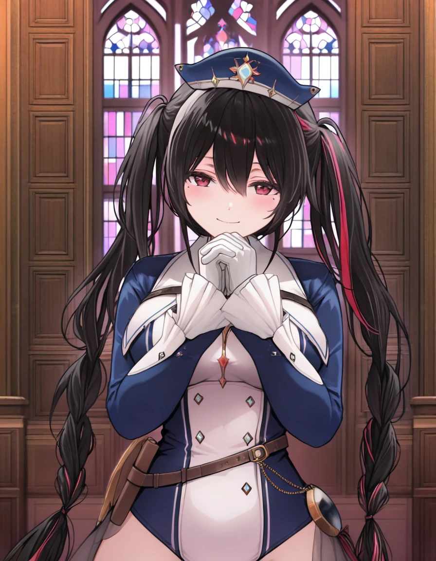 anshinin misa, black hair, very long hair, multicolored hair, two-tone hair, streaked hair, red hair, red eyes, twin braids, mole under eye, virtual youtuber, twintails, hair between eyes, large breasts, hair ribbon, blue headwear, thighhighs, white gloves, boots, hat, thigh boots, black footwear, leotard, ribbon, thighs, black thighhighs, blue leotard, long sleeves, skindentation, showgirl skirt, belt,chest belt, <lora:anshinin_misa_Illustrious-XL_v1:1> 
own hands together standing, dynamic pose , 
closed mouth, blush, 
smile looking at viewer,(upper body, close-up:1.5)
 indoors, church,, 1girl,solo,
masterpiece, best quality, very aesthetic,