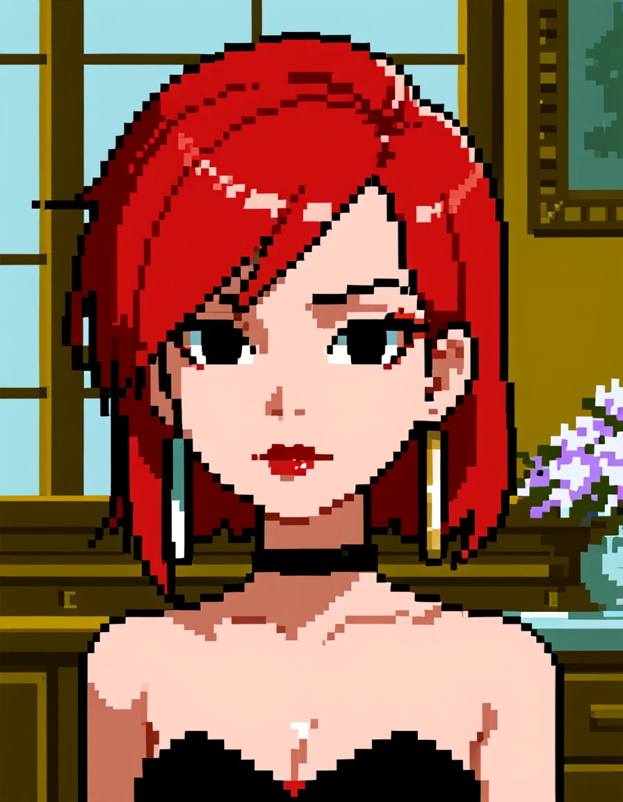 <lora:PonyXL - Razor - Maniac Mansion - 1990 - Epoch 8:0.65>, pixelart, MM_Razor, 1girl, red hair, swept bangs, straight hair, strapless dress, razored hair, medium hair, asymmetrical hair, black eyes, breasts, cleavage, punk, jewelry, single hoop earring, makeup, red lipstick, black choker, black dress, slit dress, bare shoulders, shoulders, neck, face, indoors, looking at viewer, facing forward, close up, portrait, face focus,, source_cartoon, score_9, score_8_up, score_7_up, score_6_up, score_5_up, score_4_up,