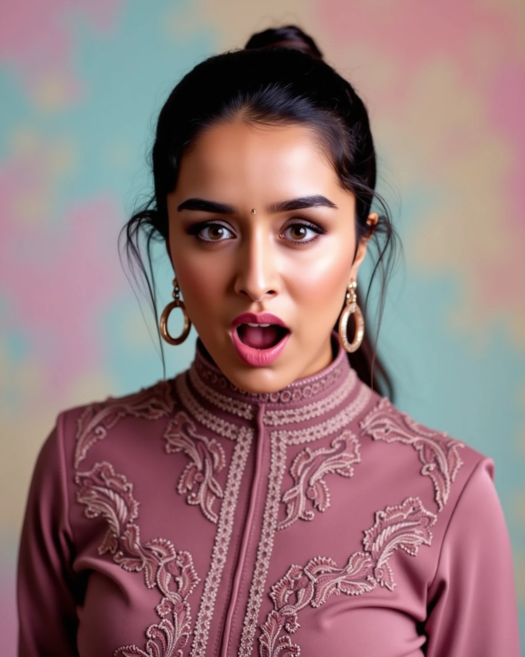 headshot photo of a Shraddha Kapoor woman,candid photo with natural colors, shouting expression on face,studio quality, wearing intricate conservative turtleneck Mauve Salwar Kameez, high ponytail, pastel shaded multicolored background, cinematic soft lighting<lora:TestBed\Shraddha_Kapoor_2024_Flux_Kohya_V1.safetensors:1.0:1.0>