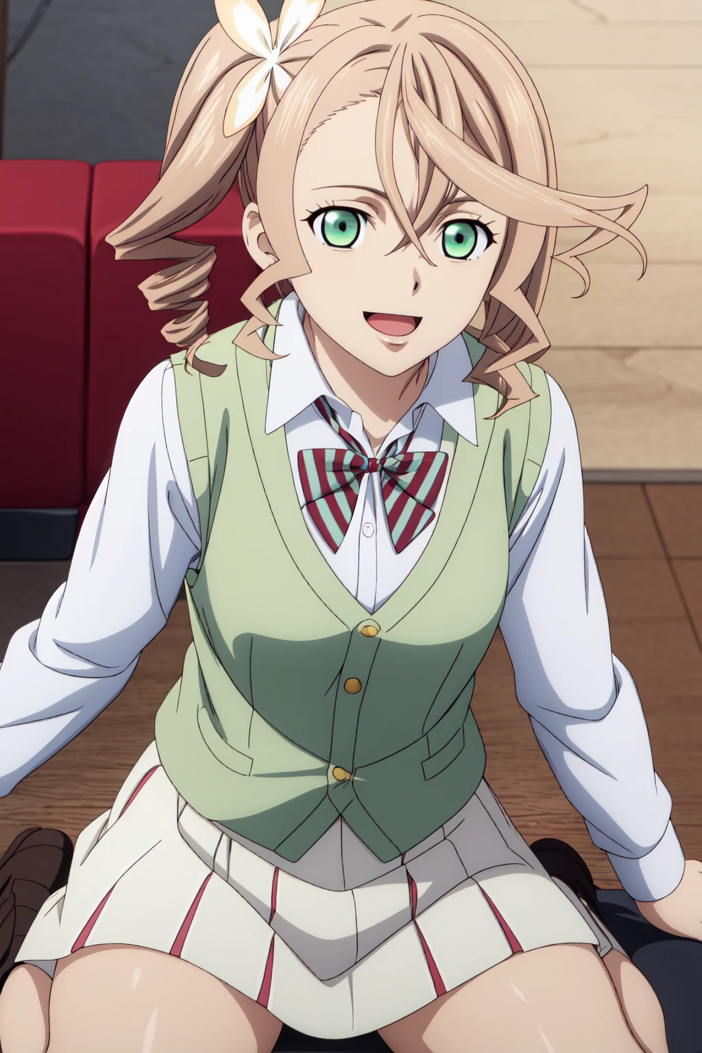 best quality, anime screencap, anime coloring, 1girl, solo, short hair, almond blonde hair, hair ornament, green eyes, side ponytail, drill hair, alisha_diphda,, shirt, long sleeves, bow, school uniform, collarbone, white shirt, white skirt, striped, collared shirt, red bowtie, dress shirt, striped bow, striped bowtie, (green vest:1.3), mature women, sitting, wariza, light smile, open mouth