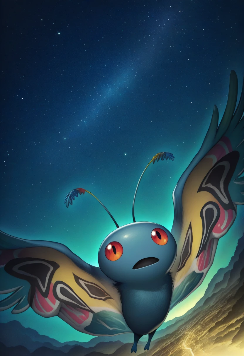 masterpiece, best quality, solo, , <lora:Mothman-illus_Fp:1>, mothman, pokemon \(creature\), no humans, wings, open mouth, flying, sky, night, from above, spread wings, starry sky,