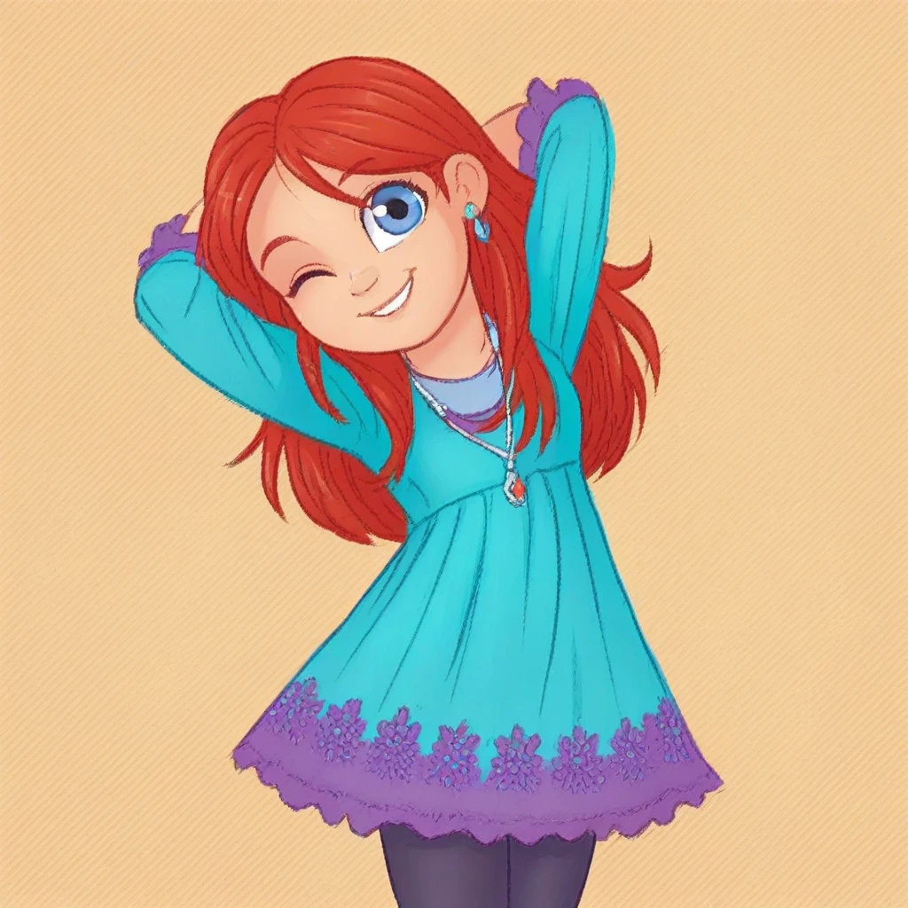 score_9, solo, kate_df, 1girl, long hair, red hair, blue eyes, necklace, earrings, dress, leggings, hands behind head, one eye closed, cute, smile, head tilt,