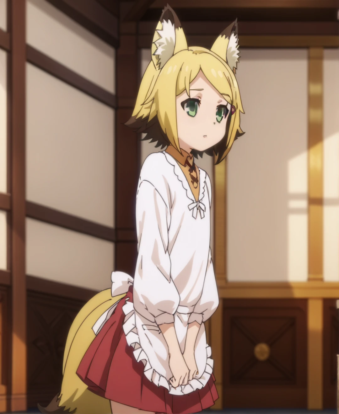 Lili, animal ears, blonde hair, two tails, green eyes, fox ears, fox tail, solo, short hair, animal ear fluff, 1girl, multicolored hair, apron, kappougi, skirt, red skirt, long sleeves, <lora:Lili_problem:1.0>