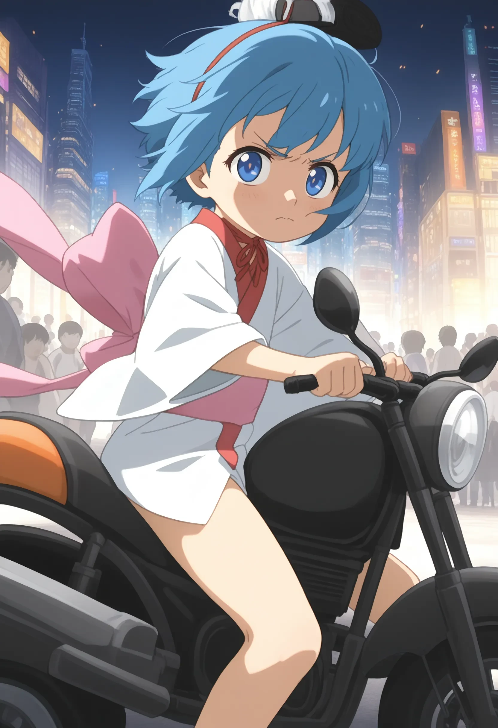 1girl, binchou-tan \(character\), blue hair, short hair, blue eyes, hair ornament, white kimono, pink obi, bare legs, 
outdoors, cyberpunk, on motorbike, floating hair, looking at viewer, thighs, thighs, close-up, Angry, tightened jaw, squinted eyes, and raised eyebrows., solo, solo focus, outdoors, city, crowd, audience, general, 
masterpiece, best quality, absurdres, unity 8k wallpaper, official art, official style, source_anime, uncensored, anime screencap, anime coloring, (ai-generated:0.6) <lora:BT-binchou-tan_XL(ill)v10:1>