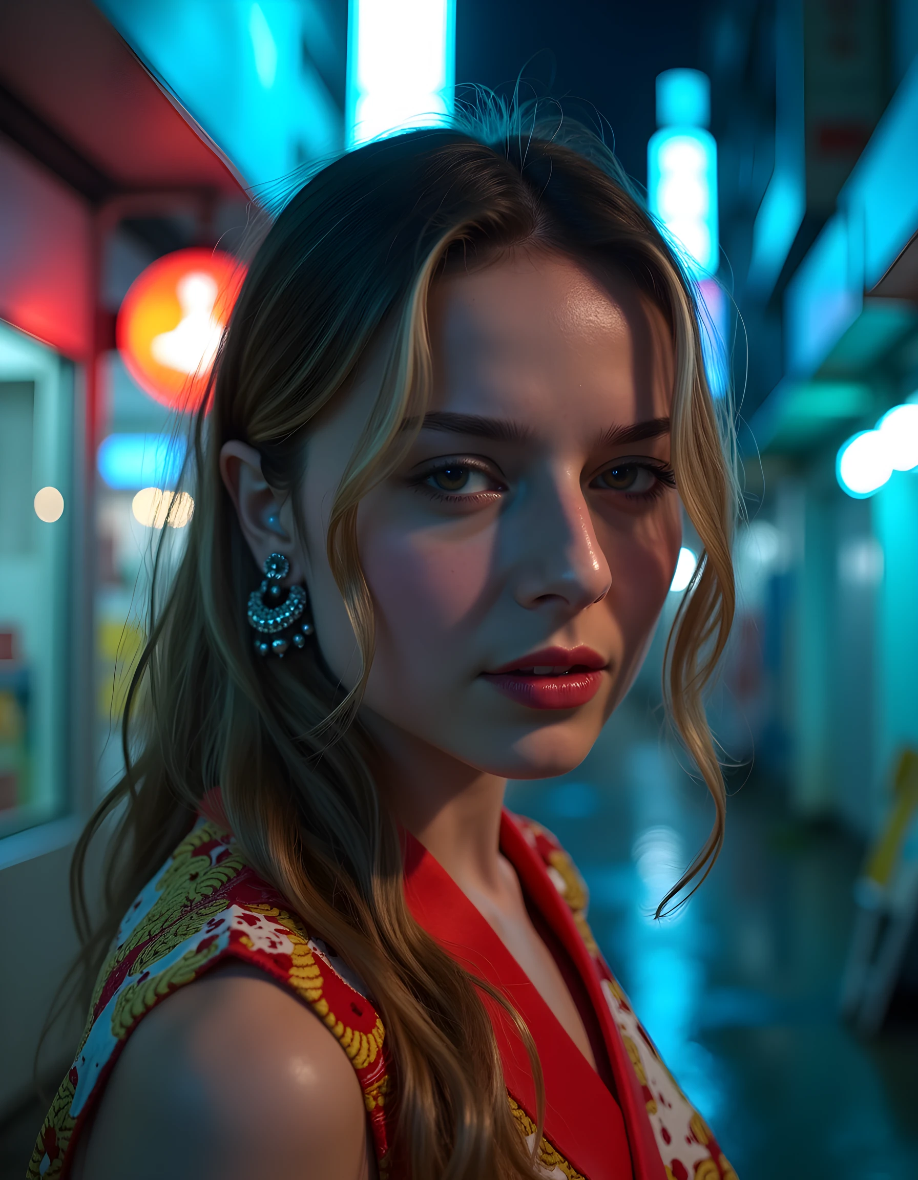 In a grungy, rain-drenched alleyway of the neon-lit Tokyo metropolis at midnight, tapo4k1, a woman with cascading brown hair and piercing eyes, strikes an intense pose. Her face is framed in sharp focus as she looks directly into the camera, her expressive eyebrows raised in defiance, teeth gritted. The raindrops reflect off her metallic silver nose ring and glisten on her slightly parted lips. A single, intricate silver earring dangles from one pierced lobe, while the other remains bare. Her outfit, a unique blend of traditional Japanese kimono patterns and modern streetwear, is a riot of color against the monochrome background - a vibrant red and gold obi sash contrasting with the dark, wet concrete beneath her feet. The harsh, artificial neon lights cast a cold, blueish glow on her face, illuminating the freckles scattered across her nose and cheeks, while the rest of the alleyway remains shrouded in shadows, adding an air of mystery to the otherwise ordinary scene.