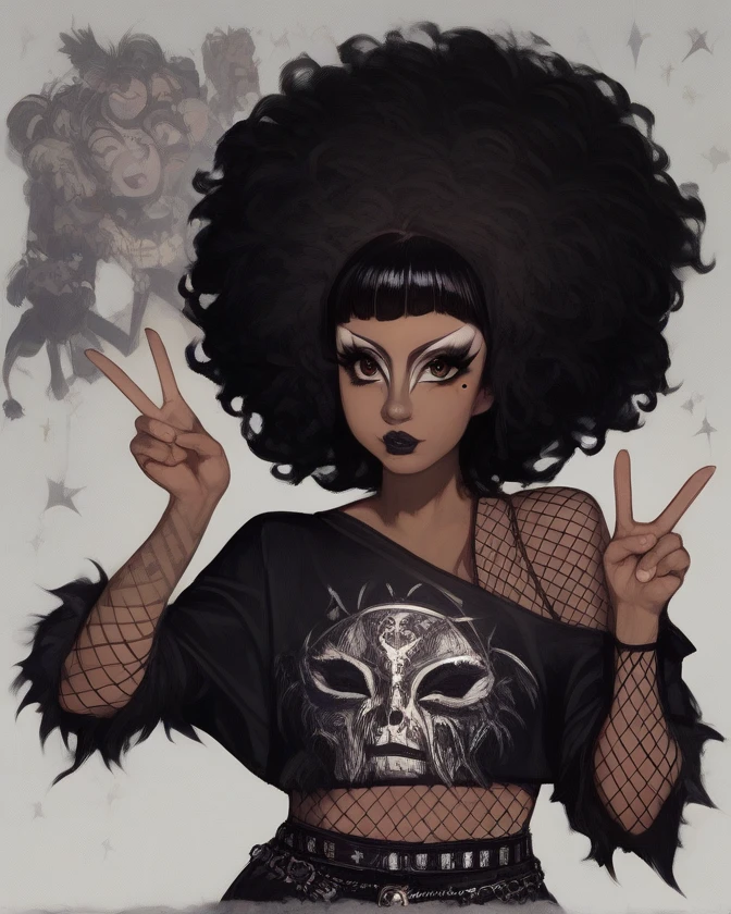 score_9, score_8_up, score_7_up, score_6_up, best quality, masterpiece, solo, female, brown skin, black hair, curly hair, afro, blunt bangs, brown eyes, fully clothed, breasts, black shirt, off shoulder, fishnet top, eyelashes, eyeliner, mole, black lips, makeup, goth, v sign, detailed, colored, full-length portrait, detailed background <lora:Trad_Goth_test:1.5> <lora:[GP] somethingweird [Pony XL]:1>