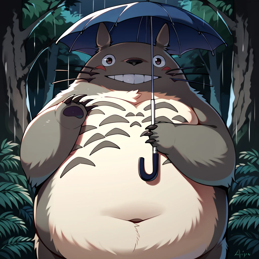 score_9, score_8_up, score_7_up, score_6_up, score_5_up, score_4_up,<lora:Totoro_My_Neighbor_Totoro_V2:1> totoro, studio ghibli, furry, fat, yellow fluffy belly, grey skin, big smile, claws, outside, forest background, forest scenery, raining, night, holding umbrella, looking at viewer, smiling