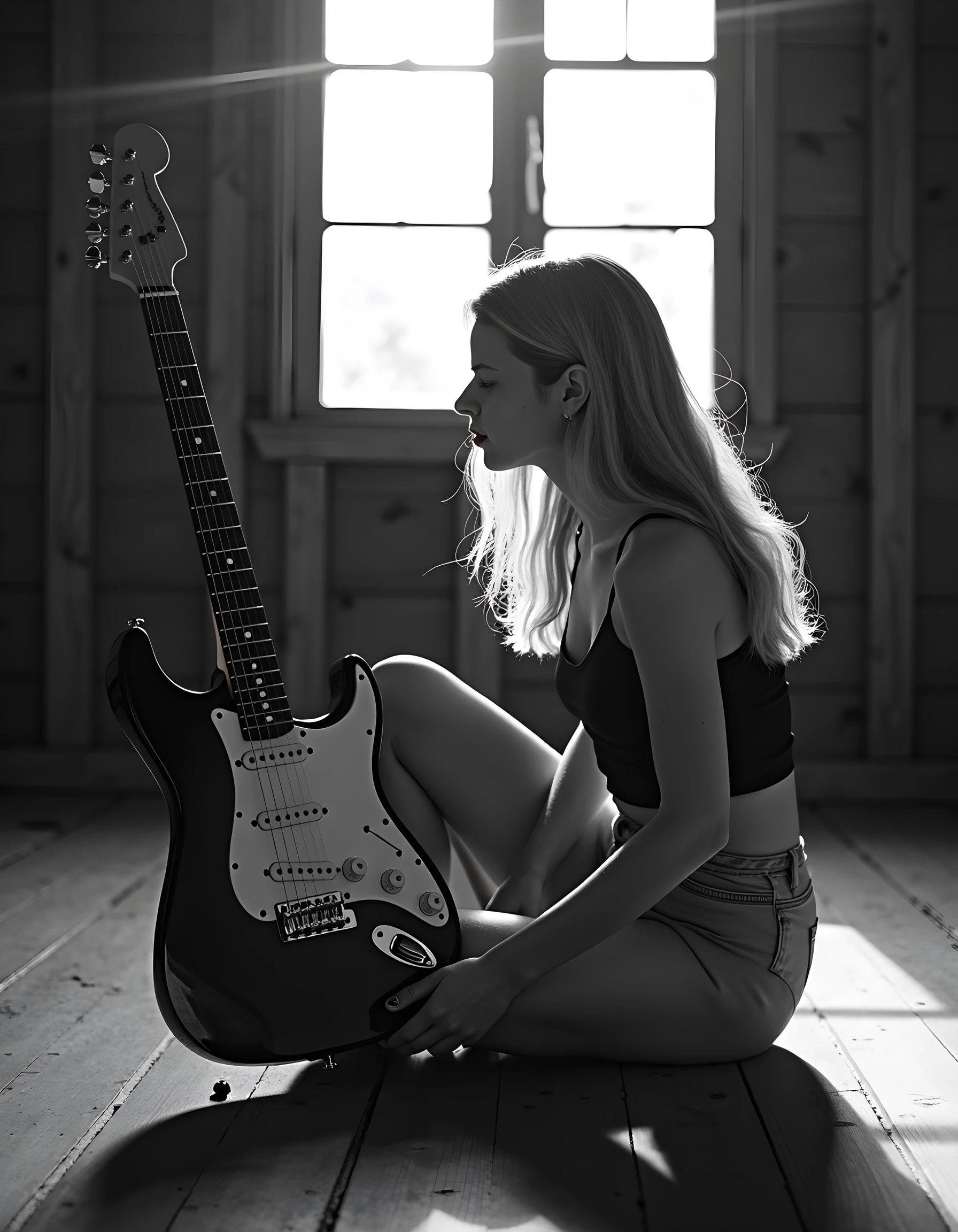 In a captivating, high-contrast black and white photograph, the subject tapo4k1, a woman with cascading platinum blonde hair, is positioned in an intimate, slightly off-center frame. Her head tilted to one side, she gazes intently at a vintage electric guitar balanced precariously on her knees, her parted lips pursed as if about to sing a soulful melody. The soft, warm light filtering through the open window behind her illuminates her profile and casts intricate shadows along the worn wooden floorboards of an old, rustic cabin, creating a sense of intimacy and raw emotion in this evocative close-up portrait.