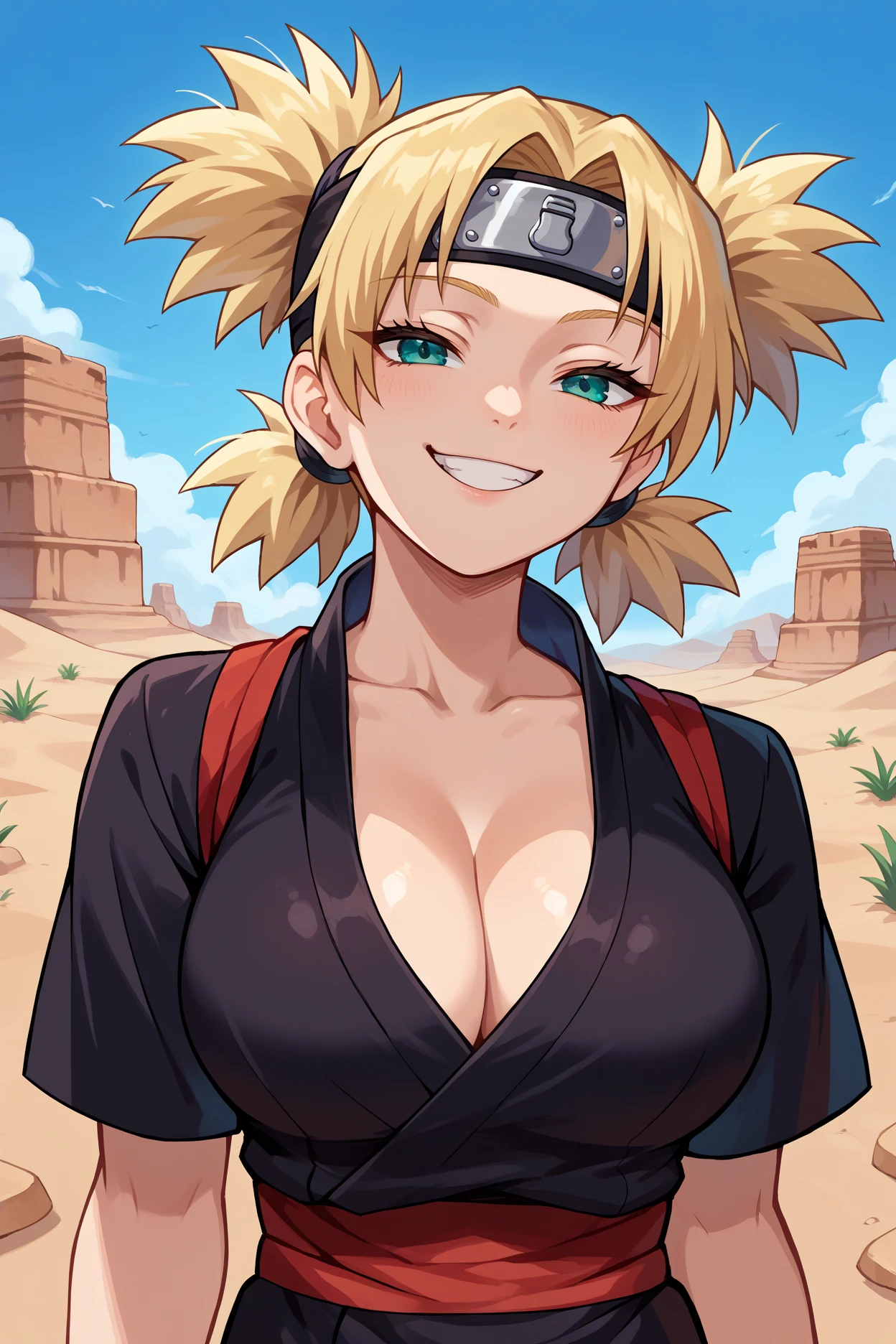 score_9, score_8_up, score_7_up, score_6_up, source_anime, 1girl, solo, <lora:temari-pdxl-nvwls-v1-000007:1> tmri, blonde hair, short hair, teal eyes, forehead protector, black kimono, short sleeves, red sash, cleavage, big breasts, looking at you, smug, smile, desert, blue sky, upper body, portrait