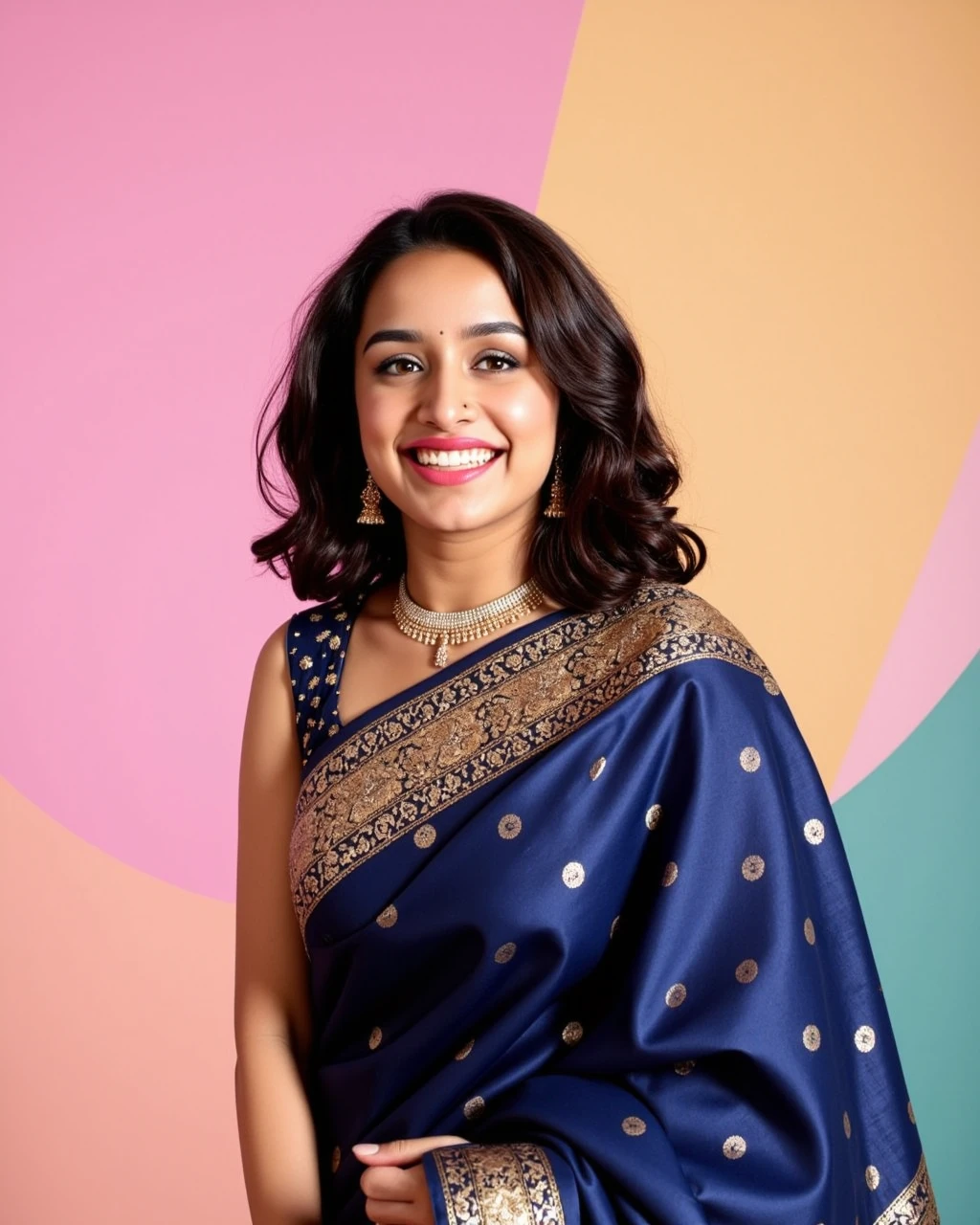 headshot photo of a Shraddha Kapoor woman,candid photo with natural colors, laughing expression on face,studio quality, wearing intricate conservative sleeveless Navy Kanjeevaram Silk Saree, curls, pastel shaded multicolored background, cinematic soft lighting<lora:TestBed\Shraddha_Kapoor_2024_Flux_Kohya_V1.safetensors:1.0:1.0>