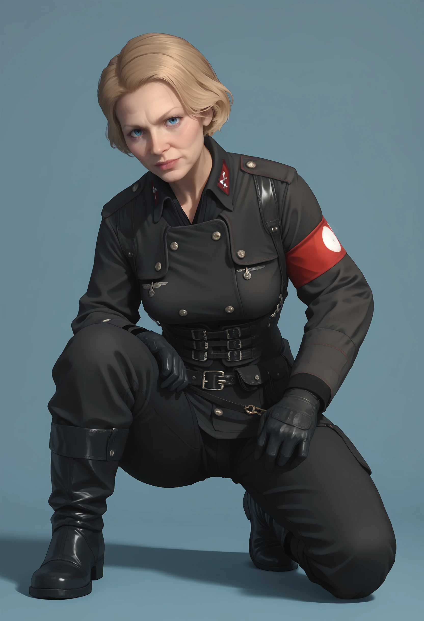 score_9, score_8_up, score_7_up, score_6_up, score_5_up, score_4_up, 1girl,  <lora:IreneEngel:0.8> solo, mature woman, blue eyes, blonde hair, short hair, black uniform, military uniform, gloves, black gloves, armband, belt, pants, boots, black footwear, full body,  one knee, looking at viewer,
(light blue background:1.2), simple background,