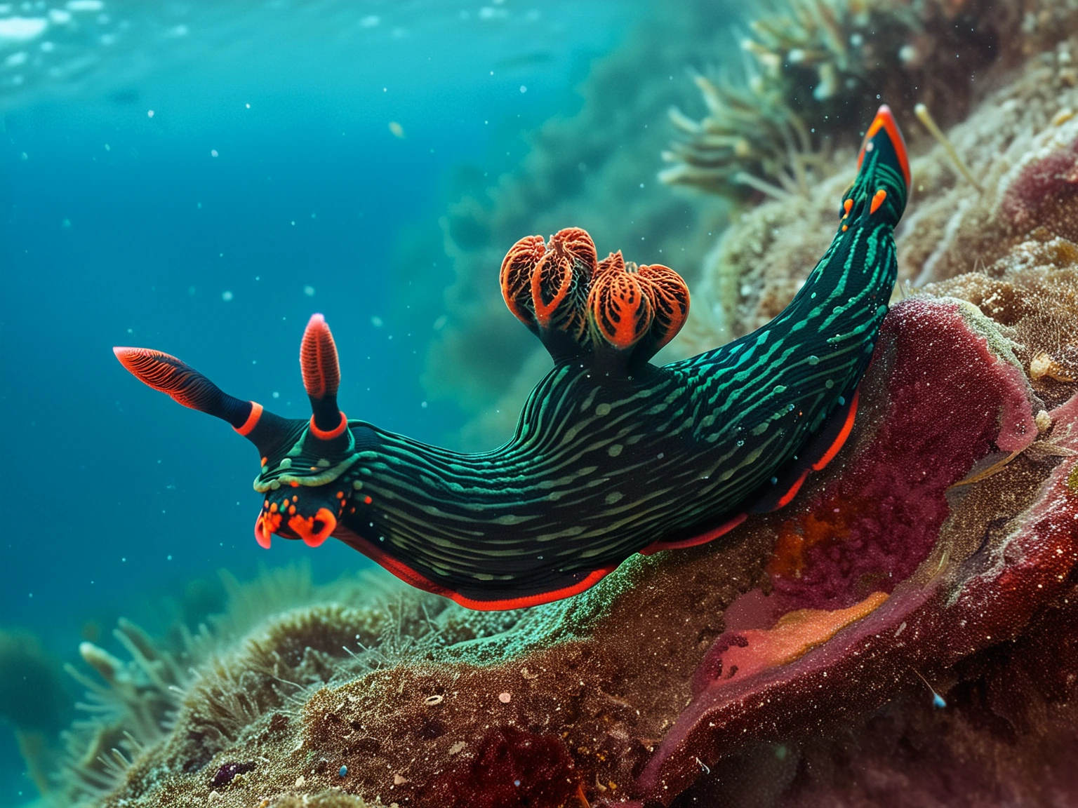 underwater photo of a nembrotha kubaryana, stretched body, head up, water surface, light particles, marl
BREAK
intricate detail, vibrant colors